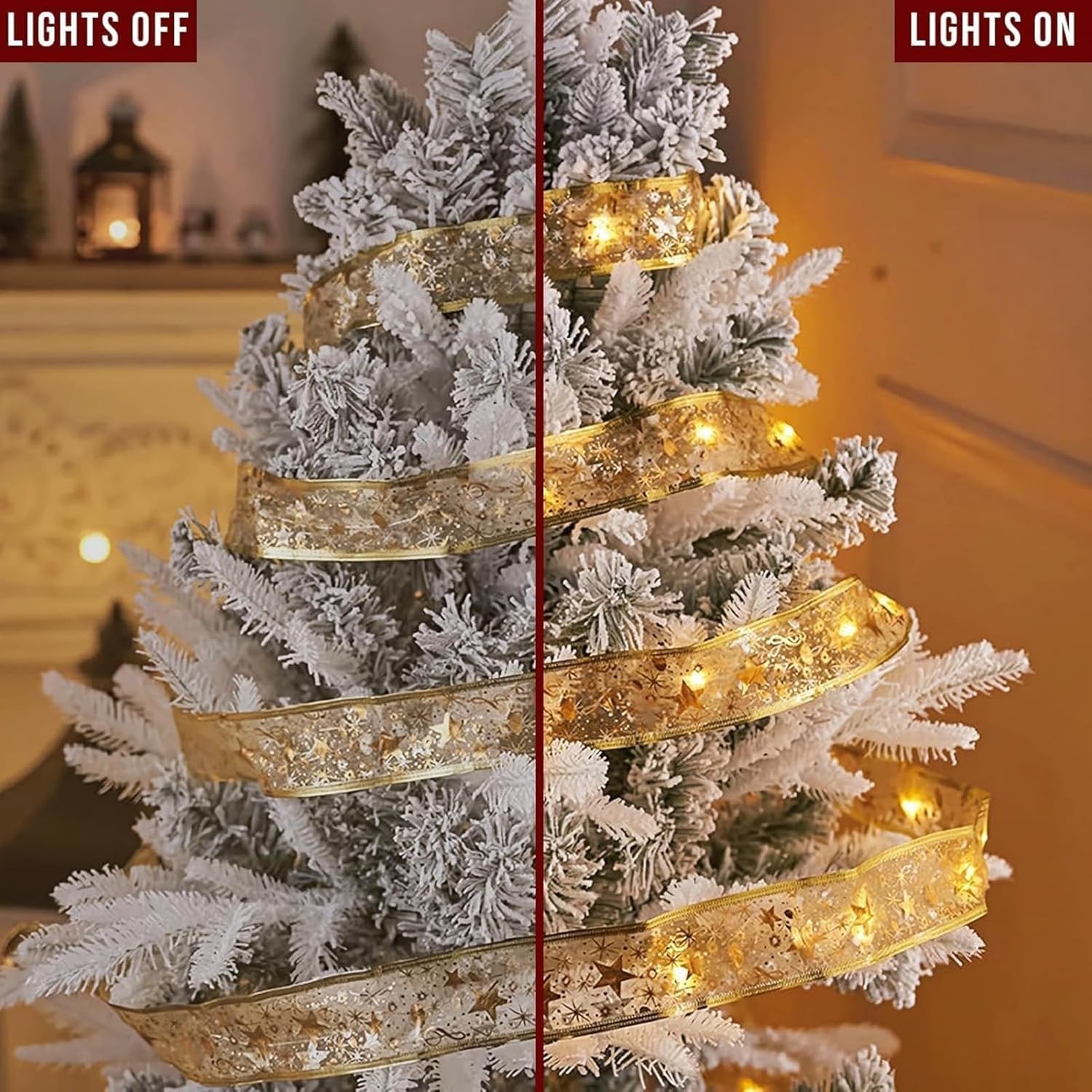 Gold Christmas Tree Decorations Ribbon Lights, 64Ft 200 Led String Lights, Battery-Powered Copper Wire Ribbon Lights For