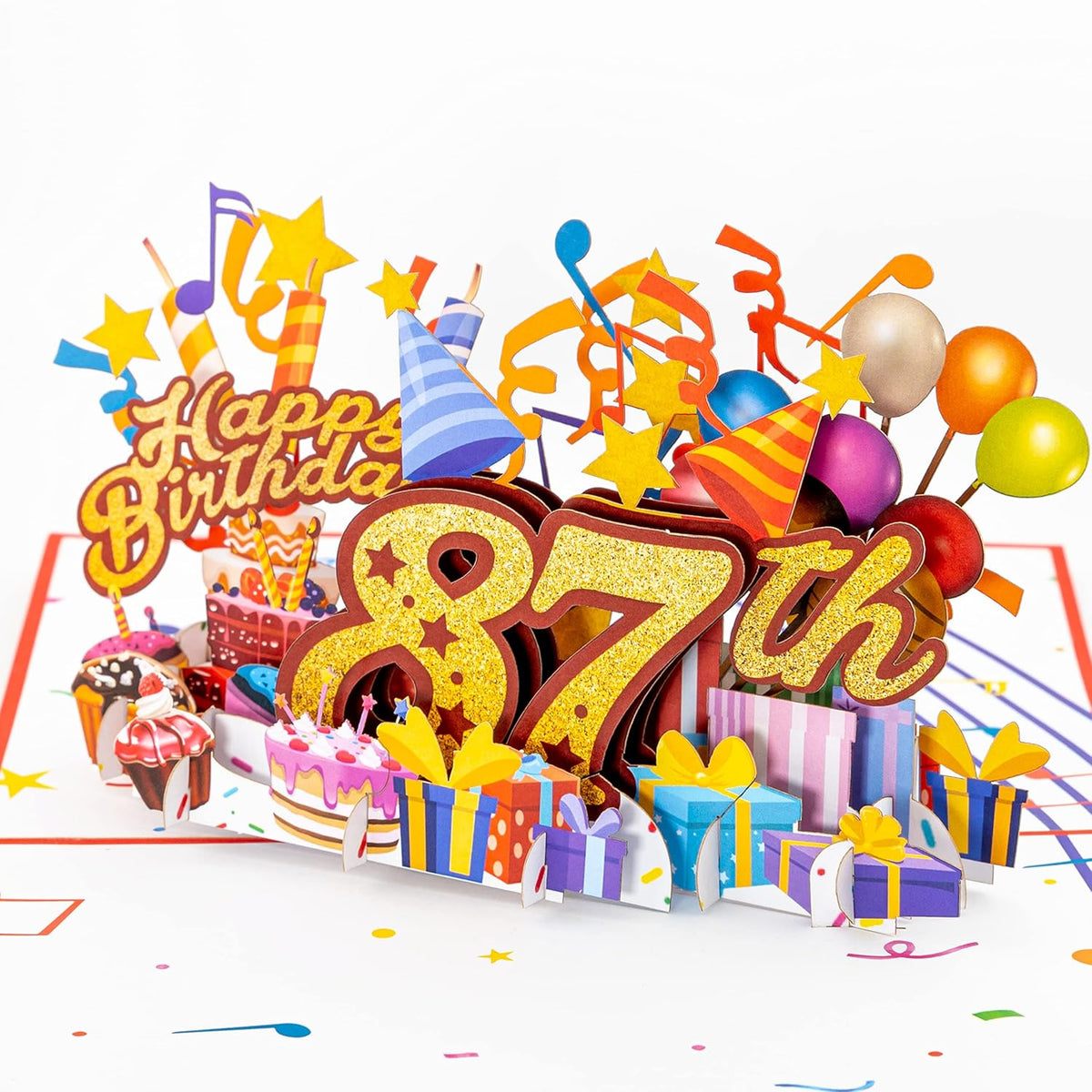 3D Pop Up Happy 87Th Birthday Card – Red Design With Glitter Numbers, Balloons, Cakes & Gifts – Unique Bday Card For Dad, Mom, Husband, Wife, Man Or Woman – 5" X 7"