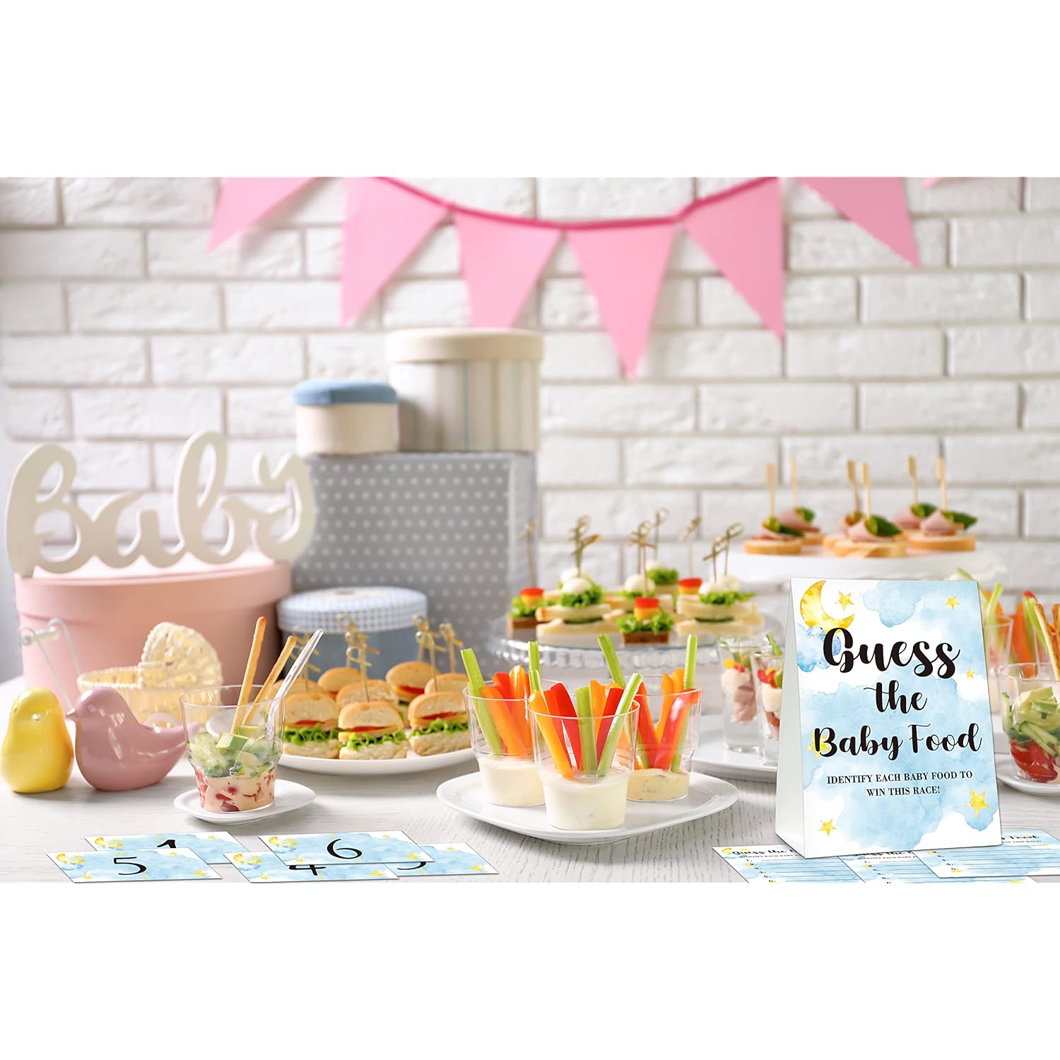 Baby Shower Game Set, Find The Baby Food Party Games(1 Standing Sign + 20 Answer Cards + 6 Number Cards), Moon And Stars Shower Games, Sleepover Gender Reveal Party Favor(A06)