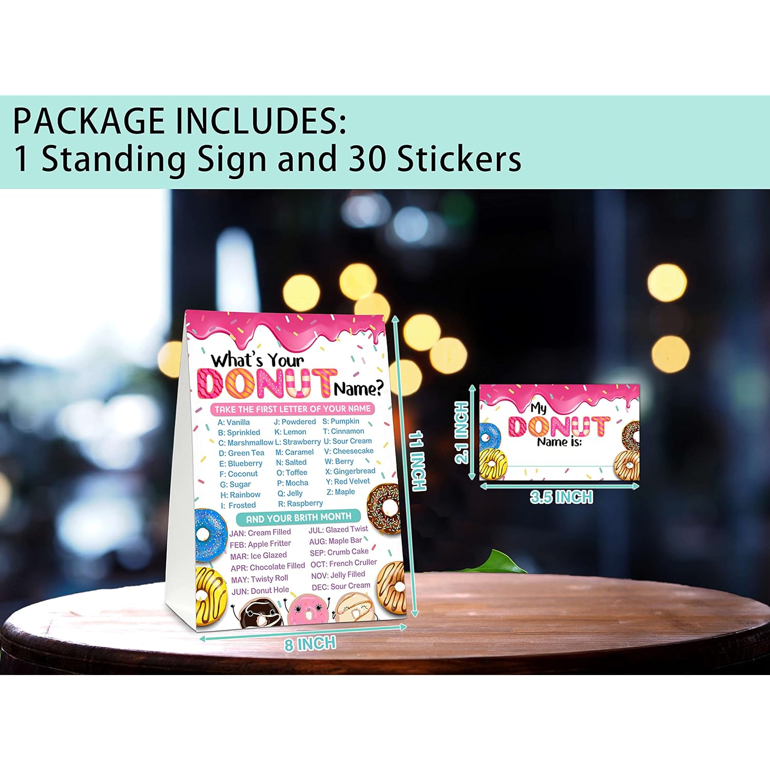 What'S Your Donut Name Game - Sweet Donut Birthday Party Games For Adult - Family Activity - 1 Standing Sign And 30 Stickers - Adult Doughnut Party Supplies Decorations(09)