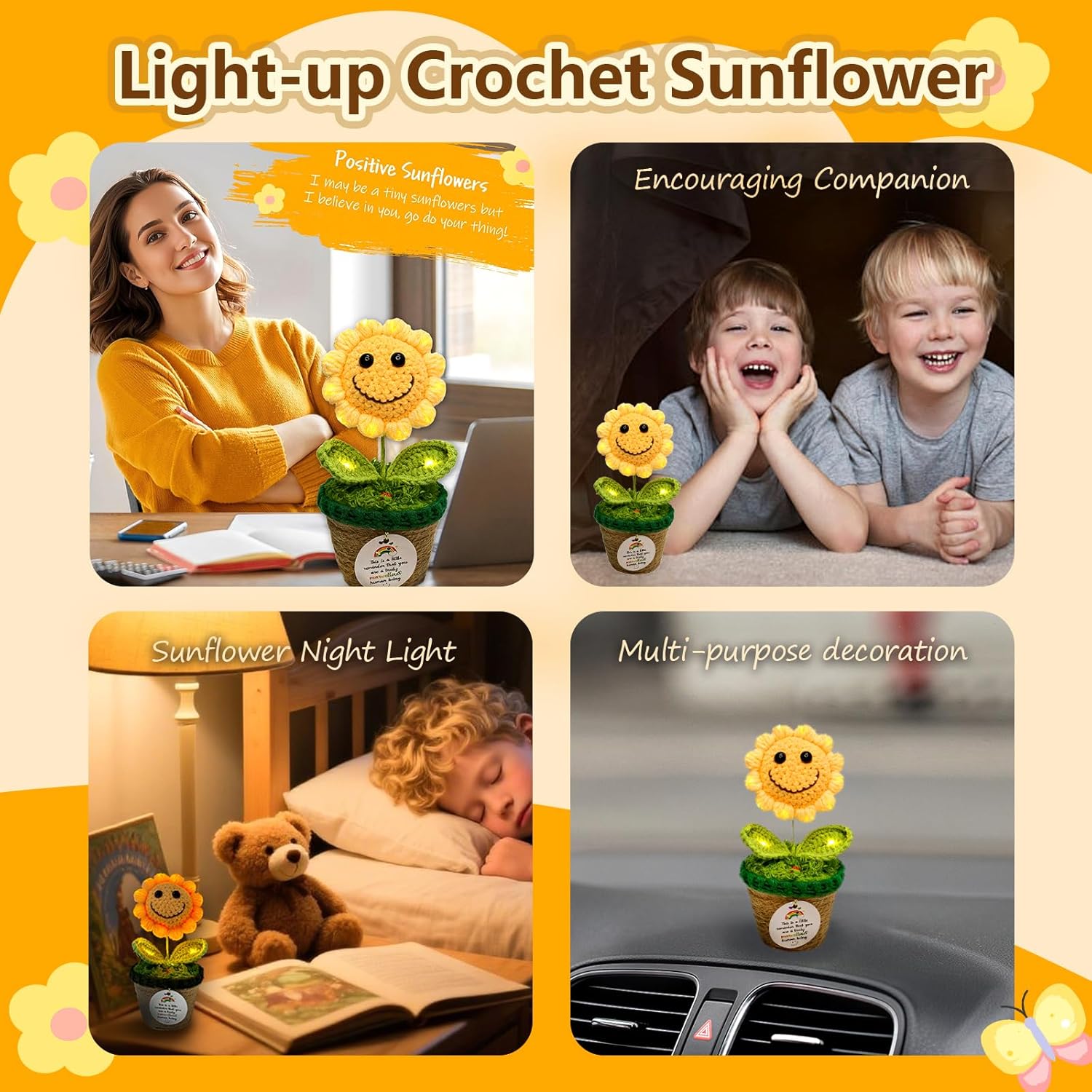 Handmade Inspirational Gift Light-Up Positive Sunflower Emotional Support Crochet Flower Gift For Women Men Birthday Thank You Gifts For Coworkers Teacher Friends Family