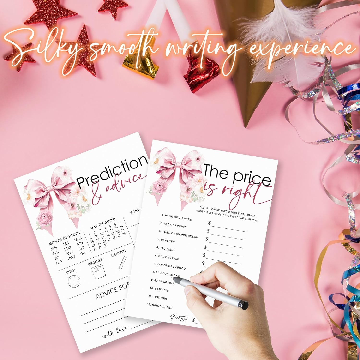 The Price Is Right & Predictions Advice Theme Baby Shower Game Activities-30 Pink Bow & Flowers Double-Sided Game Cards(5’’X7 ’’) For Boys & Girls-Gender Natural Decorations & Supplies-A05