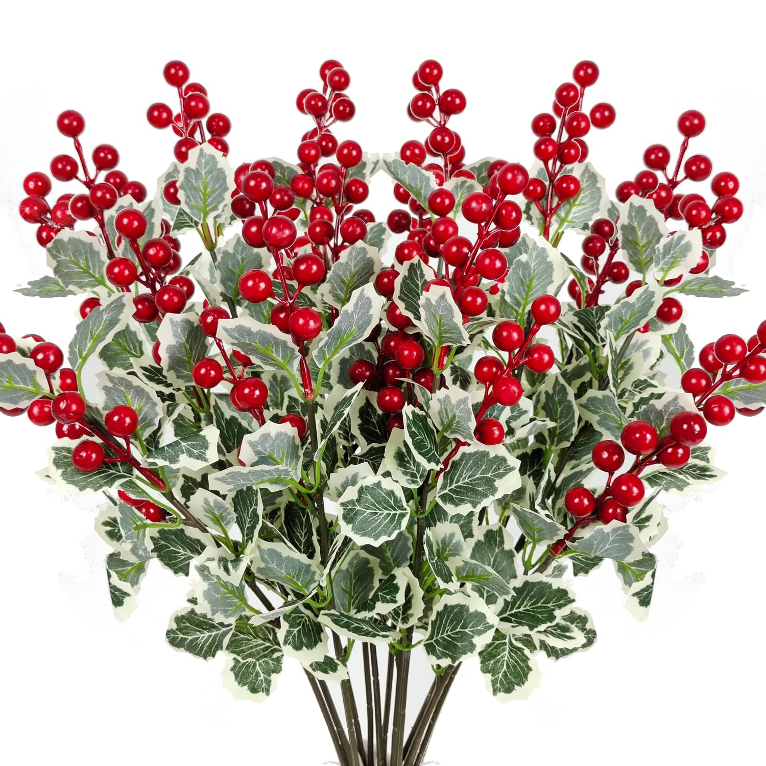 10 Pcs Christmas Flowers Artificial Red Berry Picks Decor, Holly Berries Stems, Christmas Tree Decoration, Winter Bouquet Silk Floral Arrangements Home Outdoor Indoor Ornaments