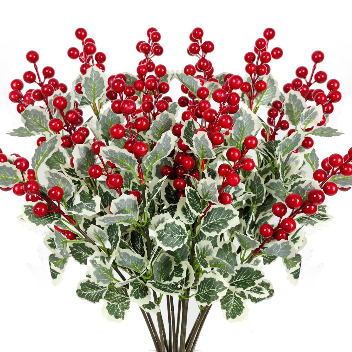10 Pcs Christmas Flowers Artificial Red Berry Picks Decor, Holly Berries Stems, Christmas Tree Decoration, Winter Bouquet Silk Floral Arrangements Home Outdoor Indoor Ornaments