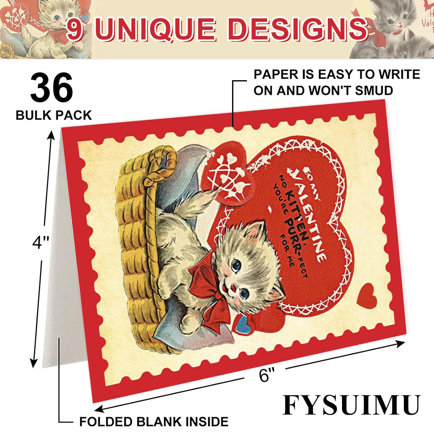 36 Pack Valentine'S Day Cards Vintage Heart Cat Greeting Cards With Envelopes & Stickers Blank Note Cards For Wedding Anniversary Party Supplies, 4 X 6 Inch