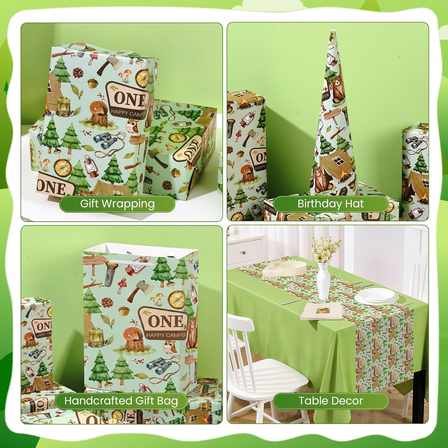 Camping 1St Birthday Wrapping Paper Roll For Boy, One Happy Camper Gift Wrap Paper With Tent Bear, 1 Year Old Gift Art Packing Paper For Baby Shower First Birthday'S Party, 17Inch X 16.5Feet