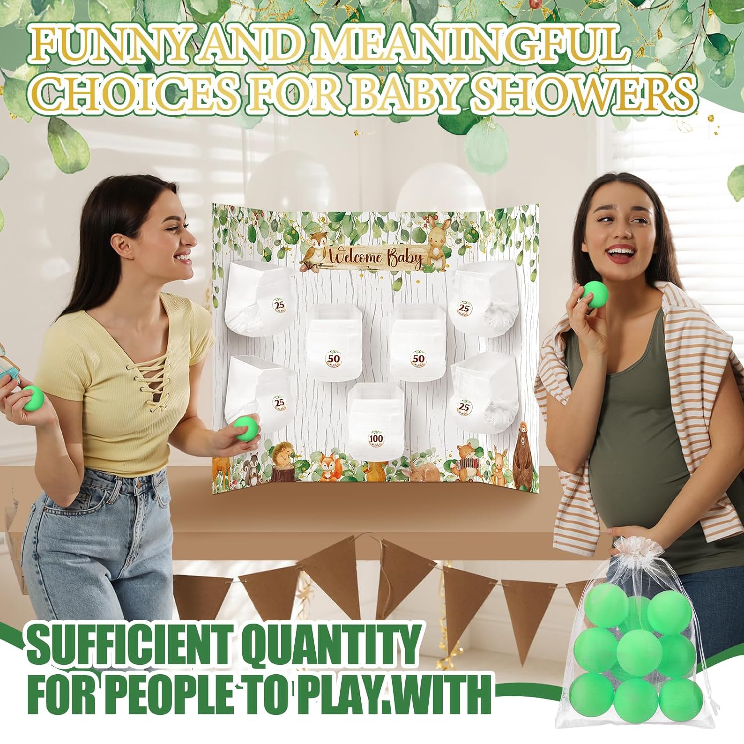 31 Pieces Woodland Animal Baby Shower Diaper Game 1 Diaper Baby Shower Game Board 7 Diapers 10 Plastic Balls 1 Organza Bag For Bridal Games Boy Girl