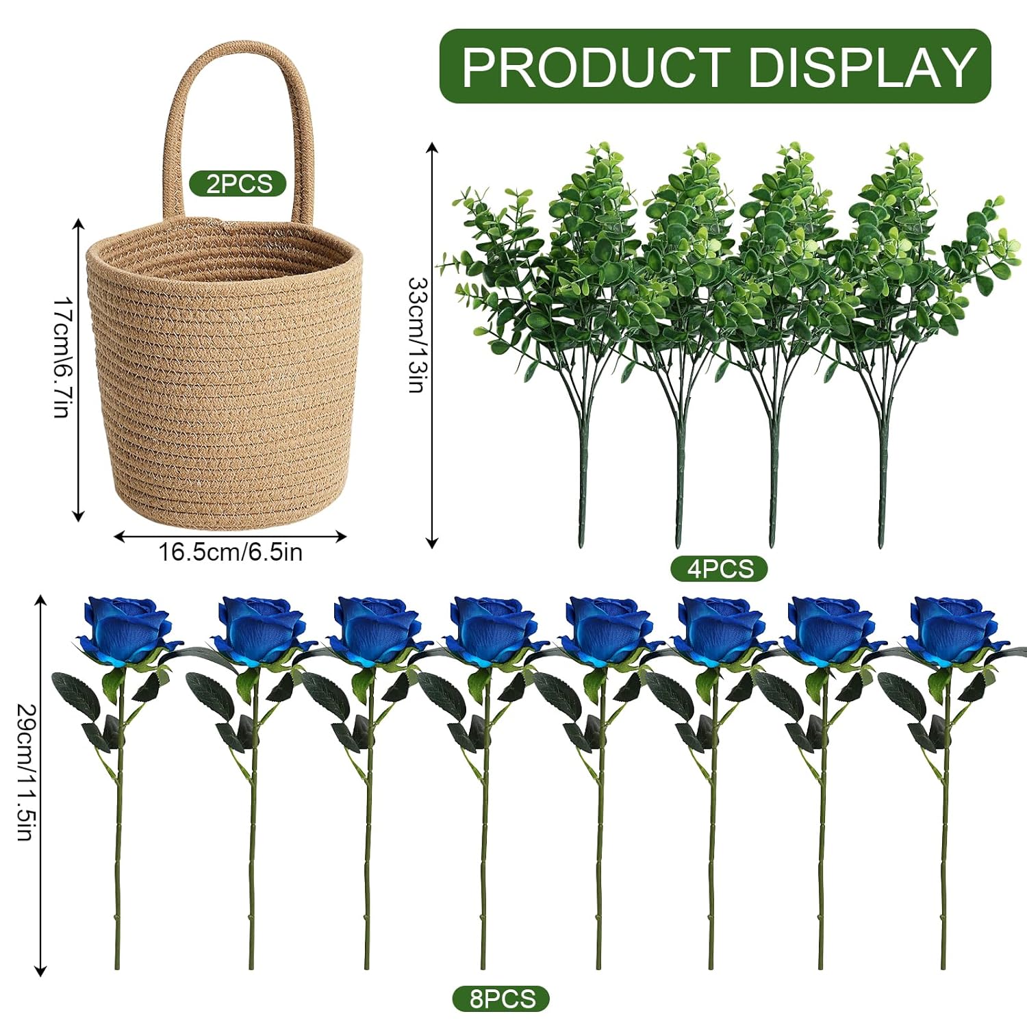 2 Pack Wall Hanging Rope Basket With Artificial Roses Eucalyptus Farmhouse Decor, Artificial Flowers With Jute Basket For Entryway Kitchen Bedroom Living Room Home Decorations - Royal Blue