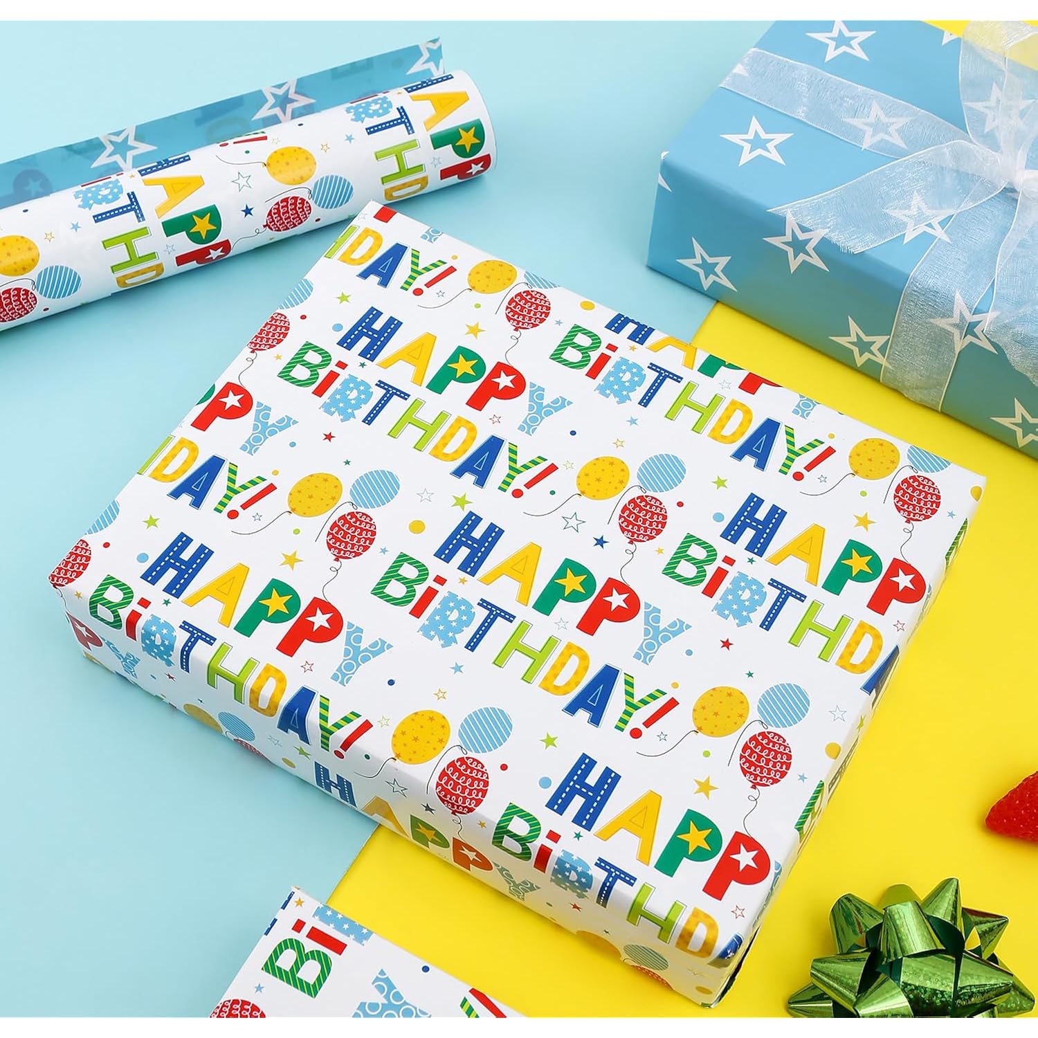 Reversible Birthday Wrapping Paper Roll For Boys Girls Kids Men Women - Colorful Happy Birthday Lettering Balloon And Stars - Gift Wrap For Party Celebration Holiday, 17.7 Inch X 33 Feet