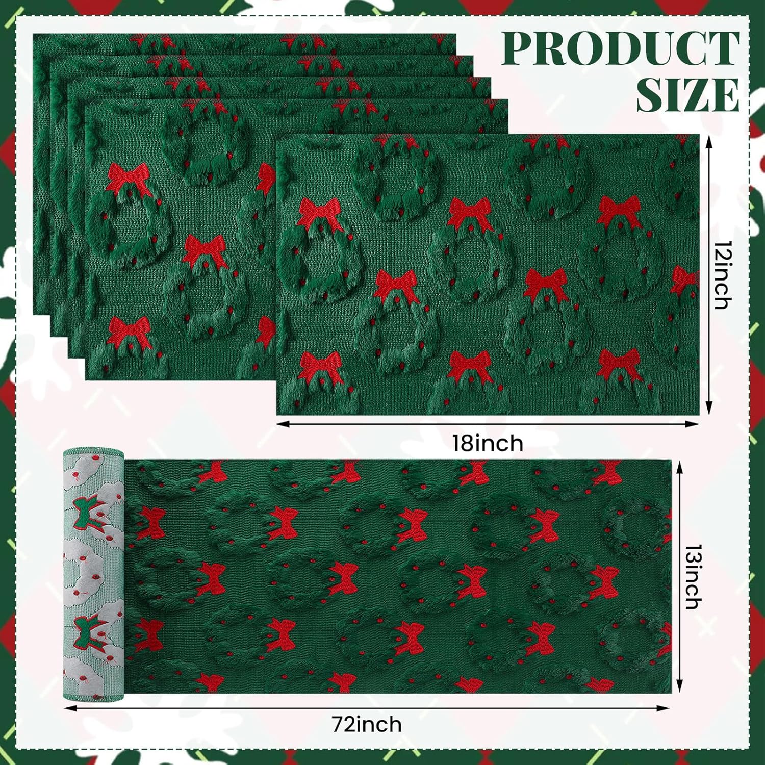 5 Pcs Dark Green Christmas Wreath Table Runner With Placemats Soft Plush Faux Fur 3D Jacquard Table Runner 13 X 72 Inch Winter Kitchen Dining Decor For Home Xmas Holiday Party Decor
