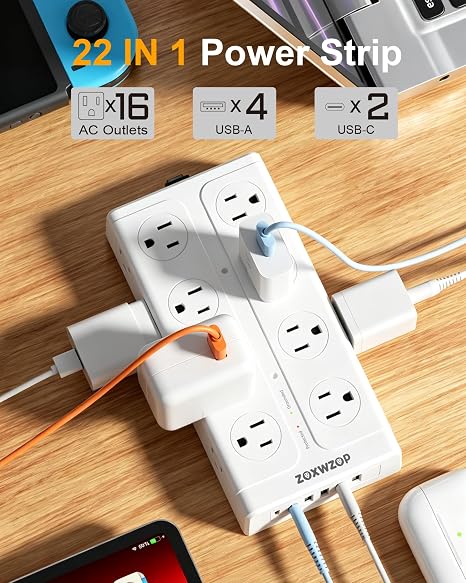 Surge Protector Power Strip with 16 Outlets 6 USB Ports 2 USB C 6FT Extension Cord