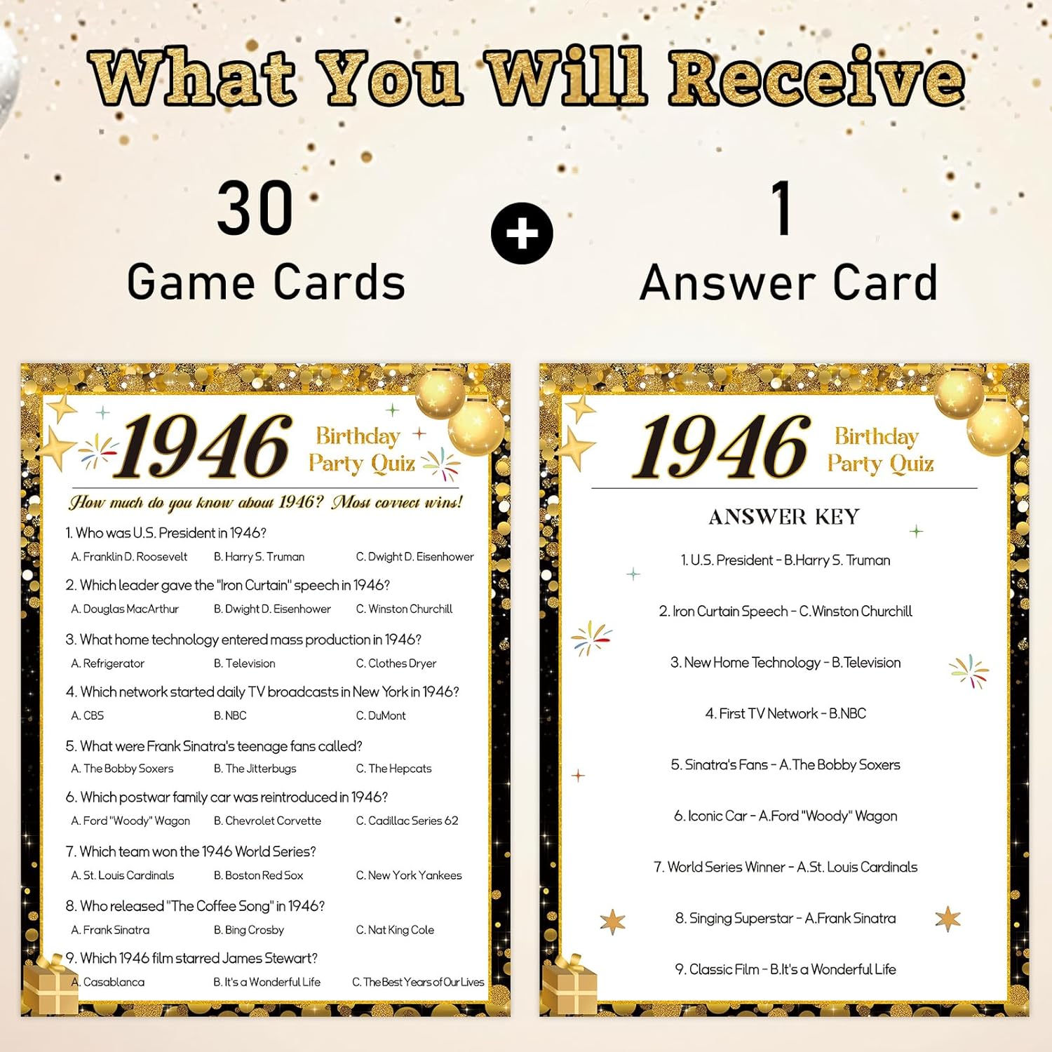 80Th Birthday Party Games, 1946 Quiz & Guess The Price Game Cards, Black Gold 80Th Birthday Party Supplies For Men Women, Pack Of 30 Cards