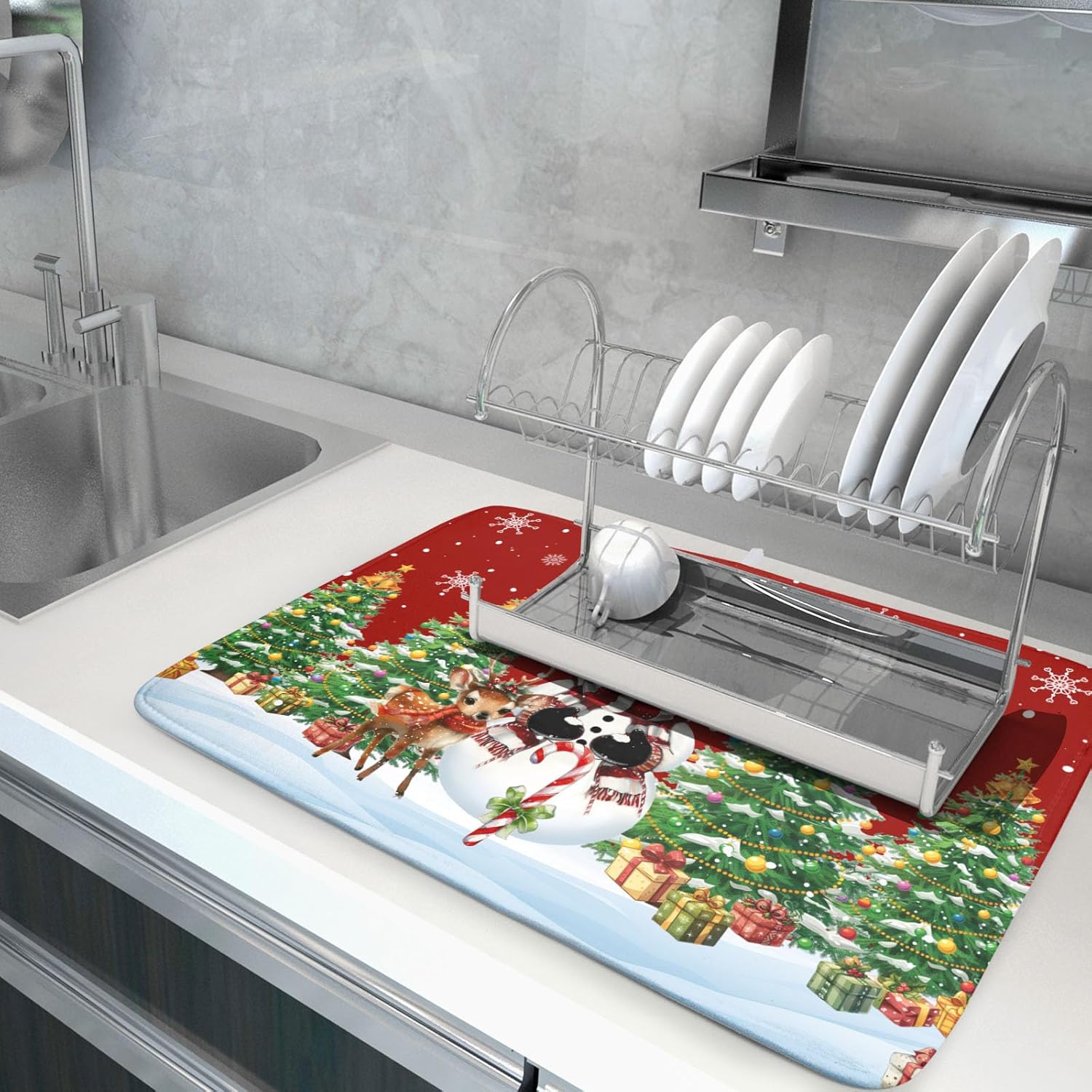 Christmas Snowman Dish Drying Mat For Kitchen Counter,Christmas Tree Winter Snowflake Red Drying Mat 18 X 24 Inch With High Absorbent Reversible Microfiber Dish Drying Pad Drainer Mat For Coffee Bar