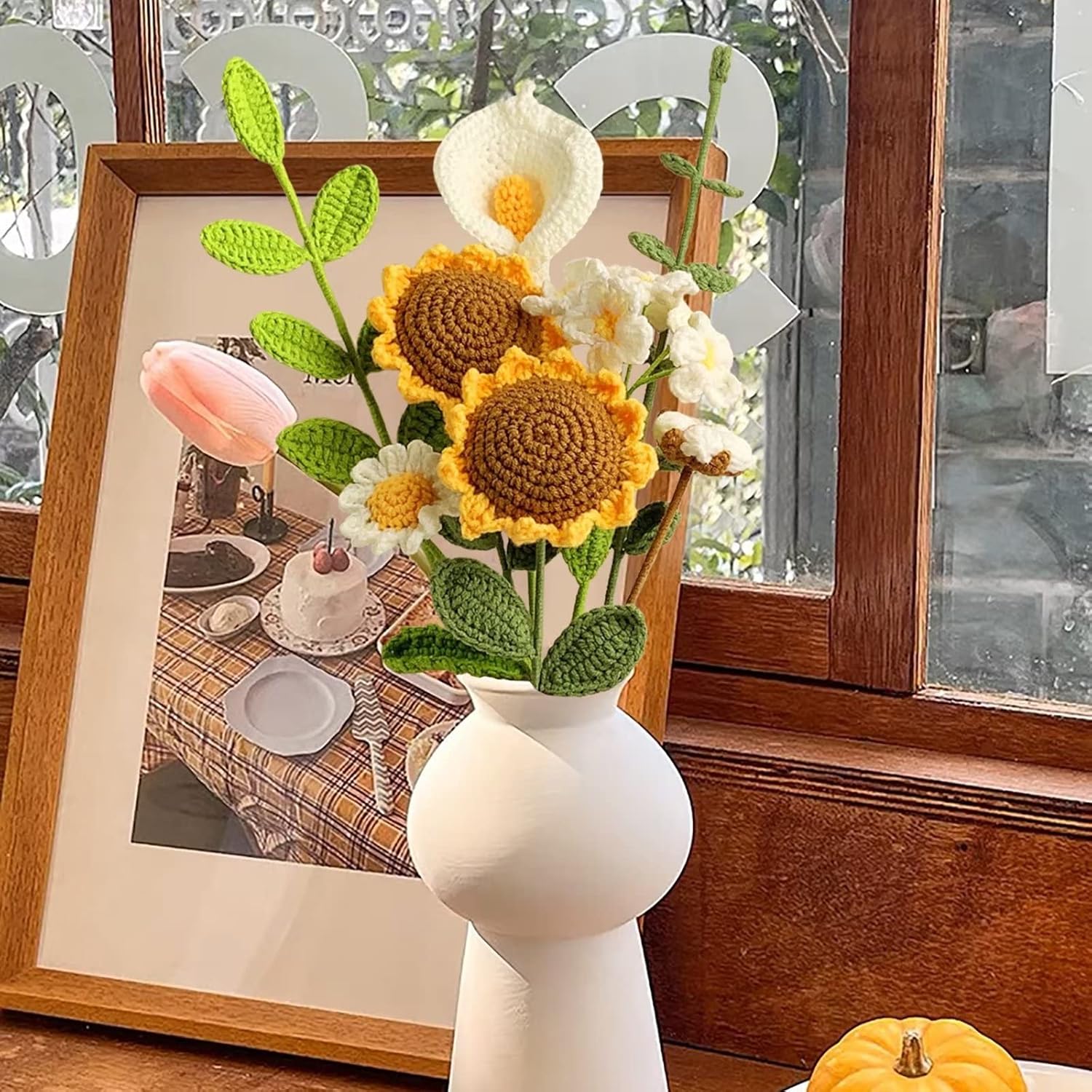 Crochet Flower Bouquet, Handmade Artificial Sunflowers Bouquet Knitted Flowers Crochet Sunflower Decor For Home Kitchen Wedding Party Office Decor
