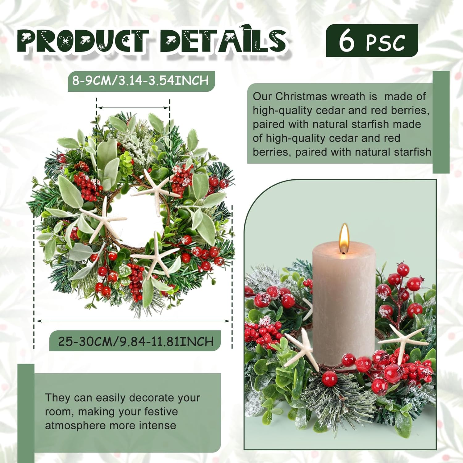 6 Pcs Natural Starfish Mini Christmas Candle Ring Wreaths Sea Star Fish Artificial Small Pillar Holder Wreaths For Cabinet Window Home Chair Front Door Farmhouse Wall Porch Beach Decoration