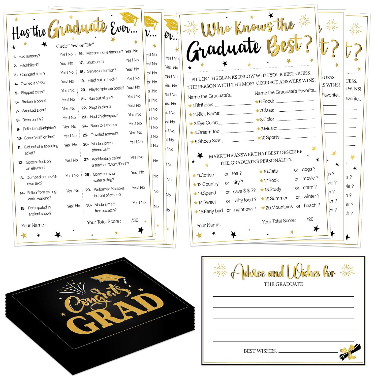 75Pcs 2025 Graduation Party Game Cards Grad Wishes & Advice Cards Who Knows The Graduate Best Cards Has The Grad Ever Game Cards Grad Season Celebration Party Decors Supplies For College High School