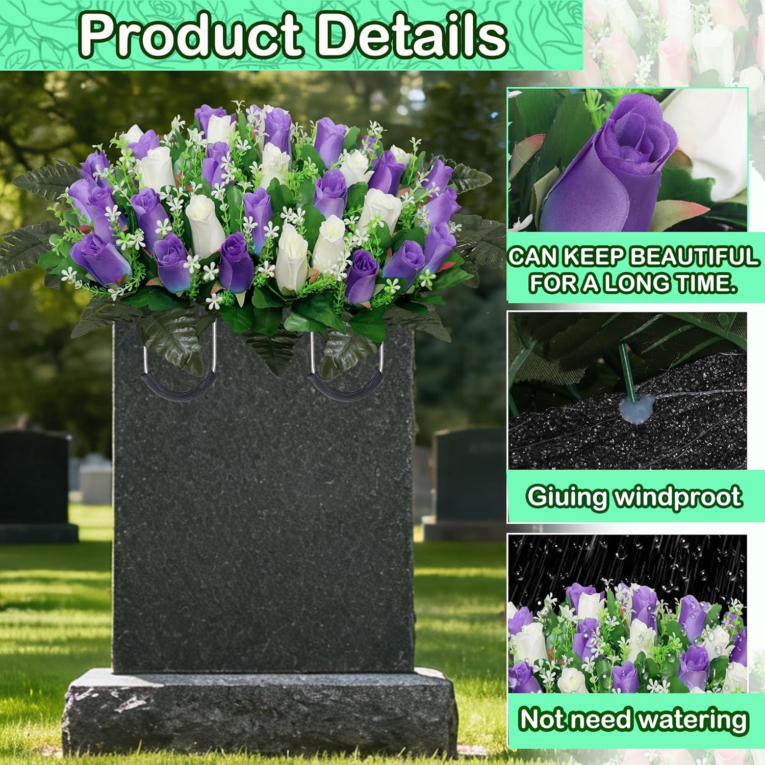 Artificial Cemetery Flower Saddles,Complete Memorial Flower Set,Cemetery Flowers For Grave,Memorial Grave Flowers For Tombstone Decoration (Purple White)