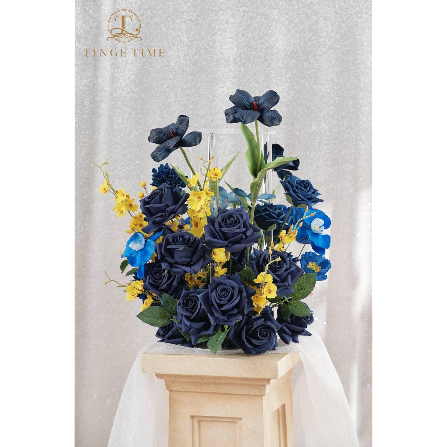 16Pcs Artificial Flowers Rose Box, Navy Blue Silk Flowers Bulk W/Stem, Fake Rose Real Touch Silk Flowers For Diy Wedding Bouquet Centerpiece Party Home Decorations