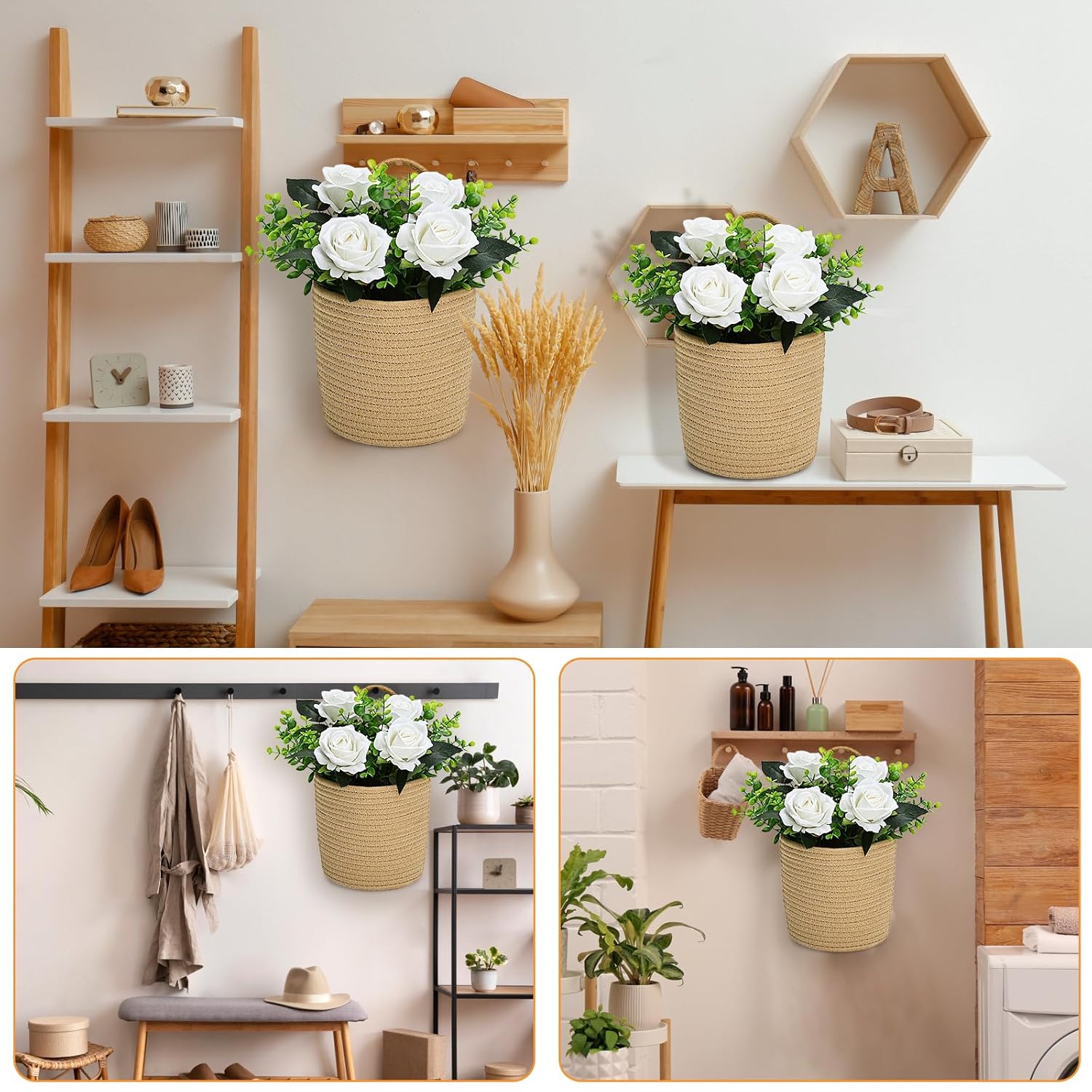 Artificial Roses Flowers With Jute Hanging Basket Pack Of 2, Faux Flannel Floral Eucalyptus Arrangement For Entryway Kitchen Bedroom Living Room Home Decorations - White