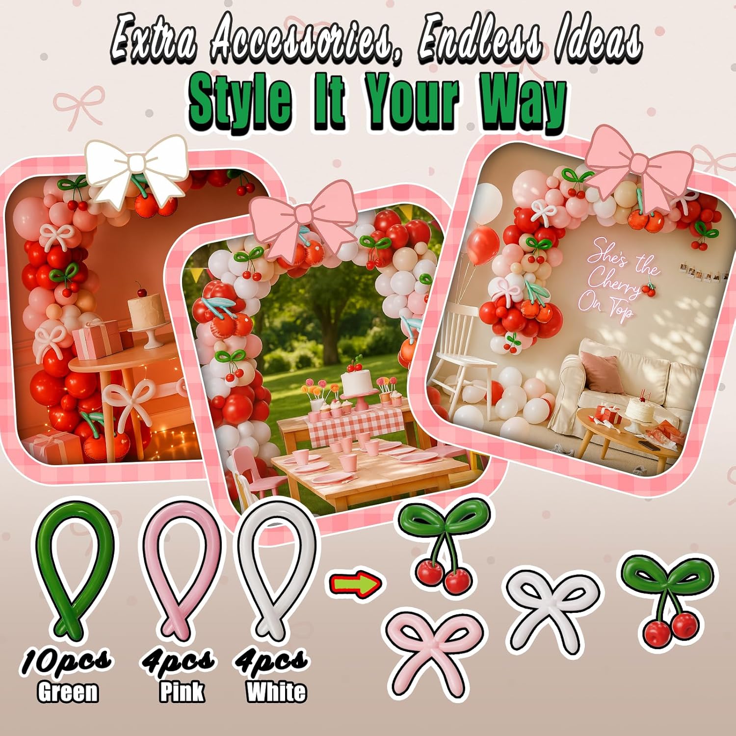 154Pcs Cherry Balloon Arch Kit, Pastel Pink Red White With 3Pcs Cherry Foil Balloons Garland For Cherry On Top Birthday Baby Shower Bachelorette Party Decorations