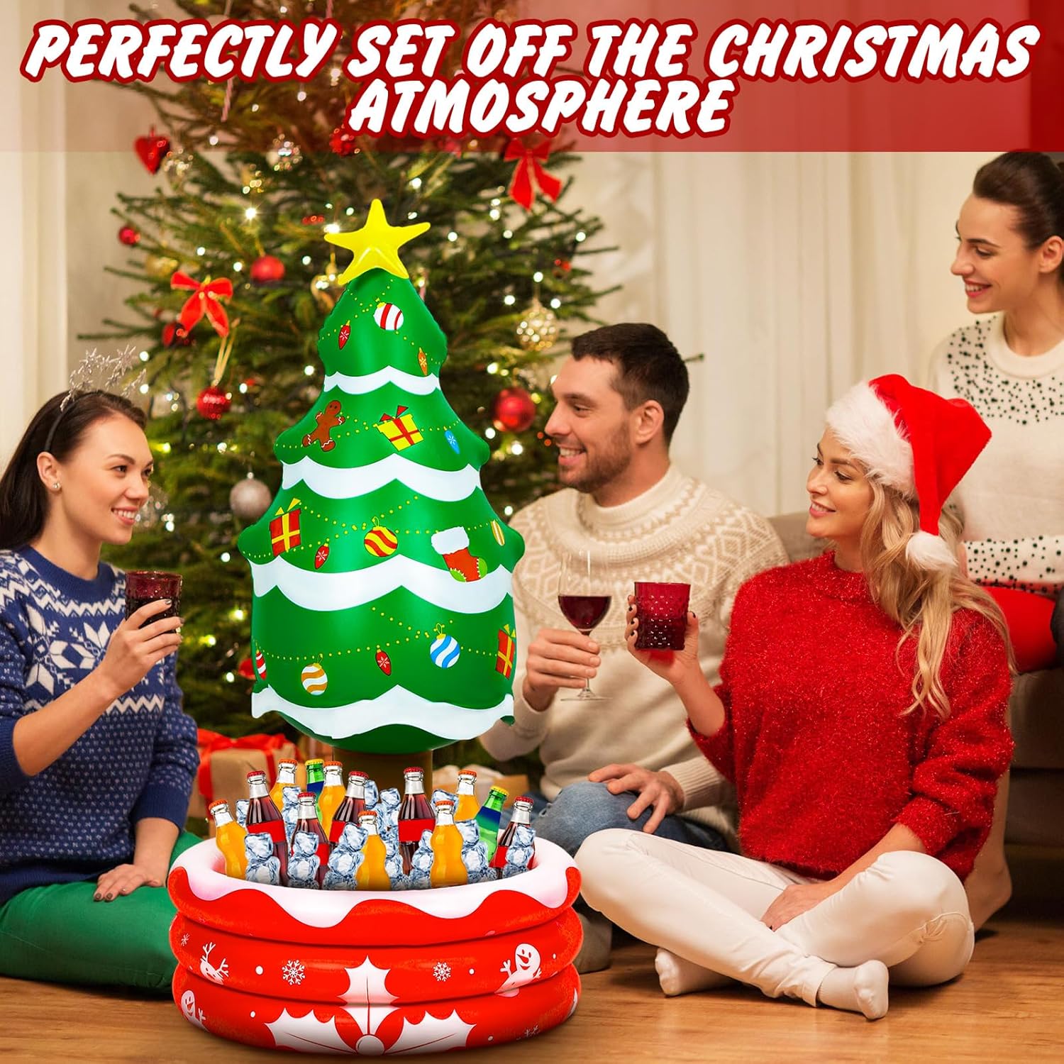 2 Pcs 4.13 Ft Inflatable Christmas Tree Cooler Blow Up Christmas Tree Decoration Star Treetop Hot Cocoa Mug Drink Cooler