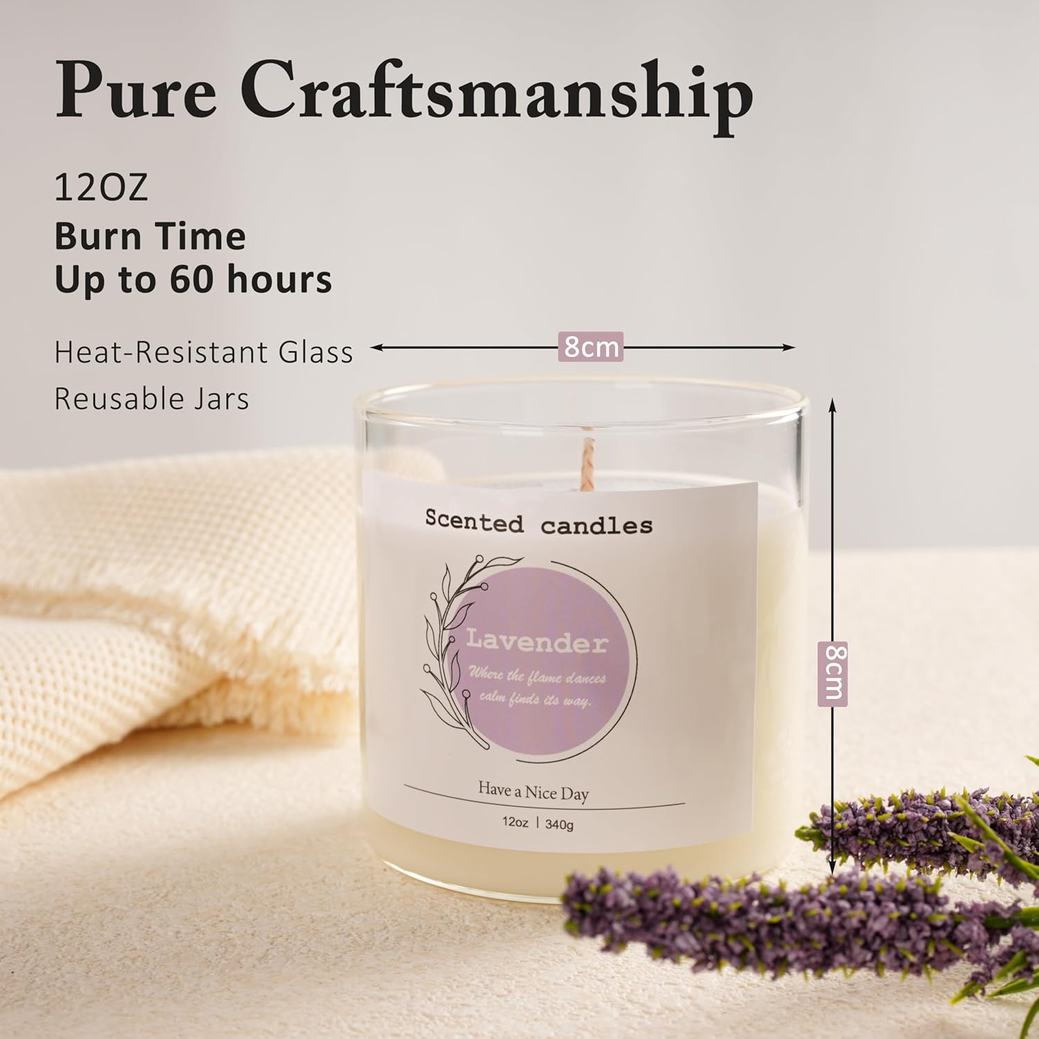 Lavender Scented Candle – 100% Natural Soy Wax, Cotton Wick, Odor Eliminating, Calming Herbal Aroma, 12Oz, 60 Hour Burn, White – Ideal For Home Decor, Spa, Bath, Parties & Gifts