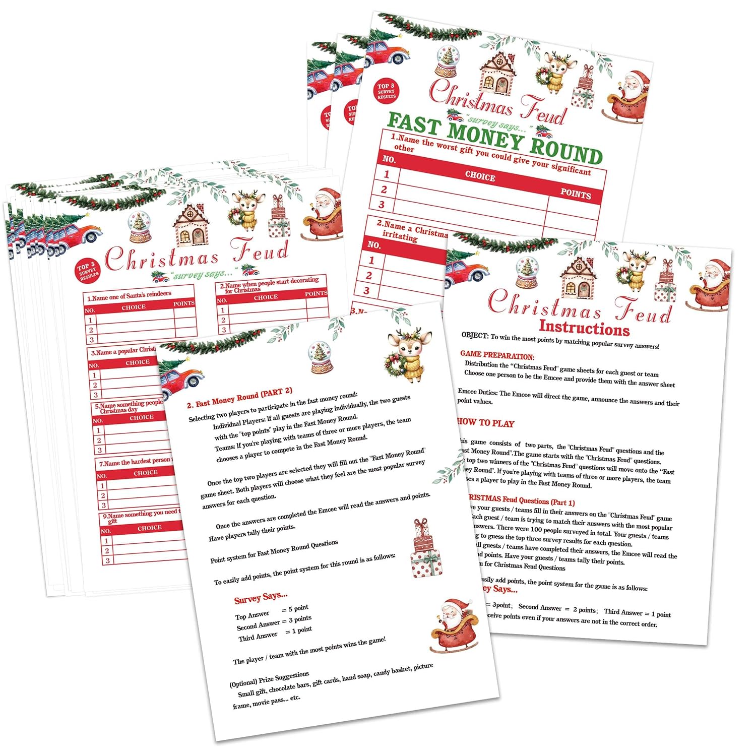 Christmas Friendly Feud Game, Christmas Trivia Quiz, Family Feud Baby Shower Game, Christmas Party Game For Family Activity Favors-30 Christmas Feud Cards & 3 Fast Money Round Cards-05