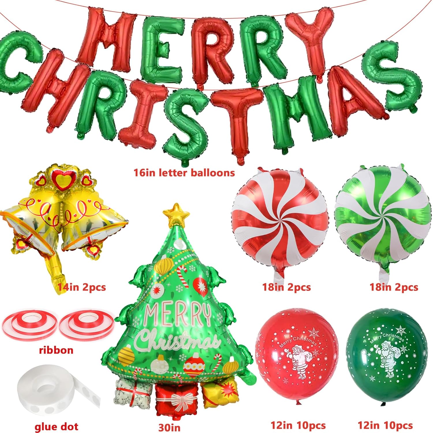 Christmas Decorations, Merry Christmas Banner Balloons With Candy Small Bell Balloons, Tree Balloon For Outdoor Decorations Indoor