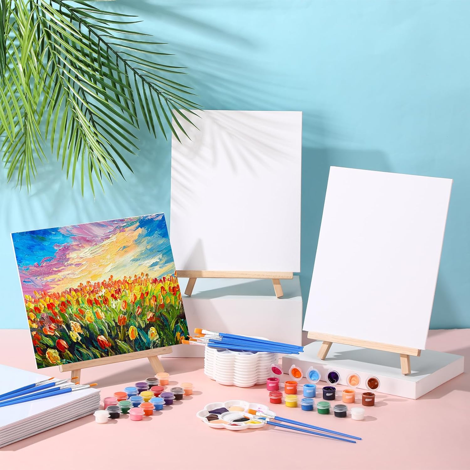 12 Set Acrylic Paint Kit Mini Stretched Canvas With Easel, Acrylic Paints Strips, Brushes, Palette, Art Set For Adults Birthday Party Favors(8 X 10 Inch)