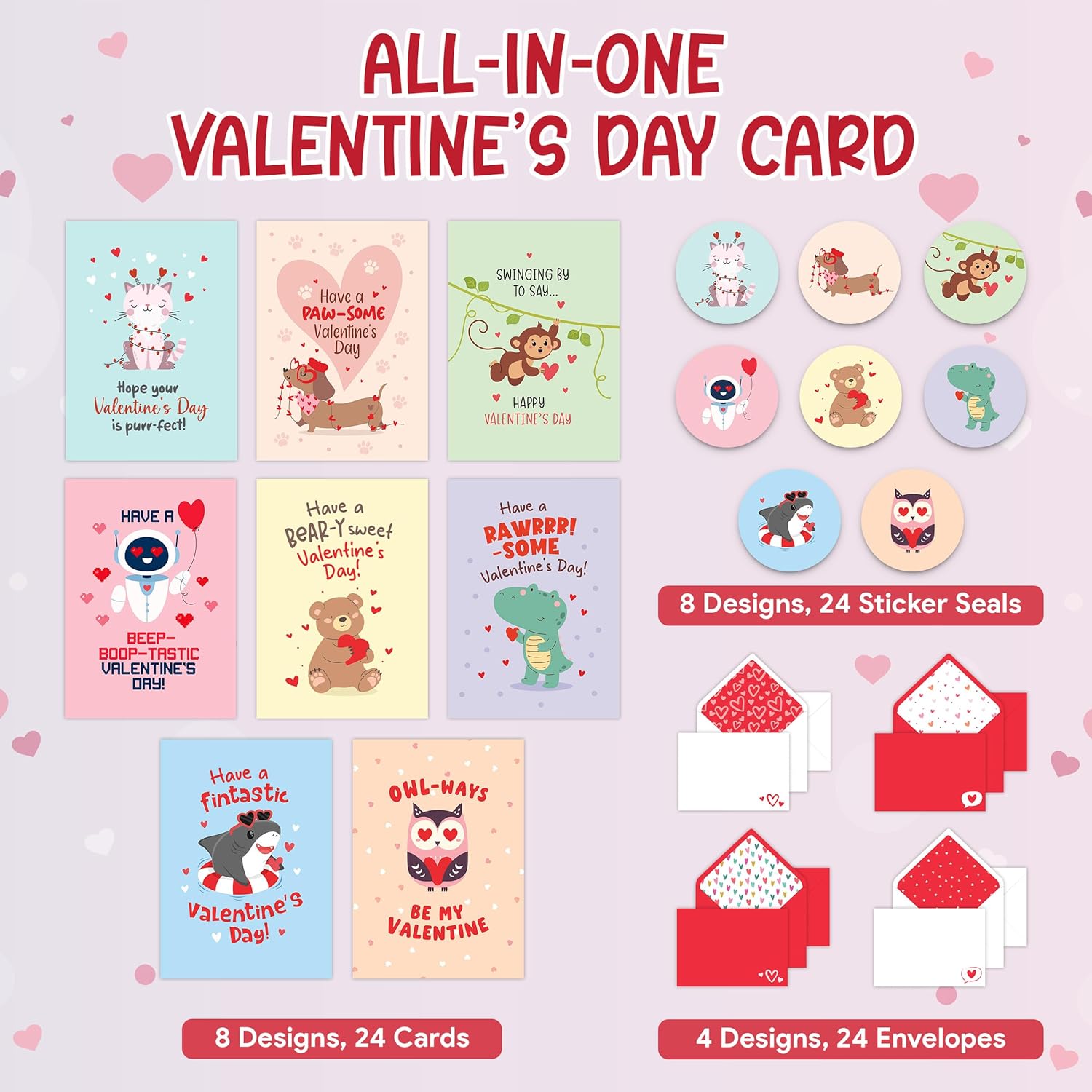 24 Pack 4X6In Animal Valentine Cards For Kids School With Envelopes And Stickers, 8 Fun Pun Designs For Boys & Girls, Children, Friends & Loved Ones - Blank Inside, Mailing, Gifting