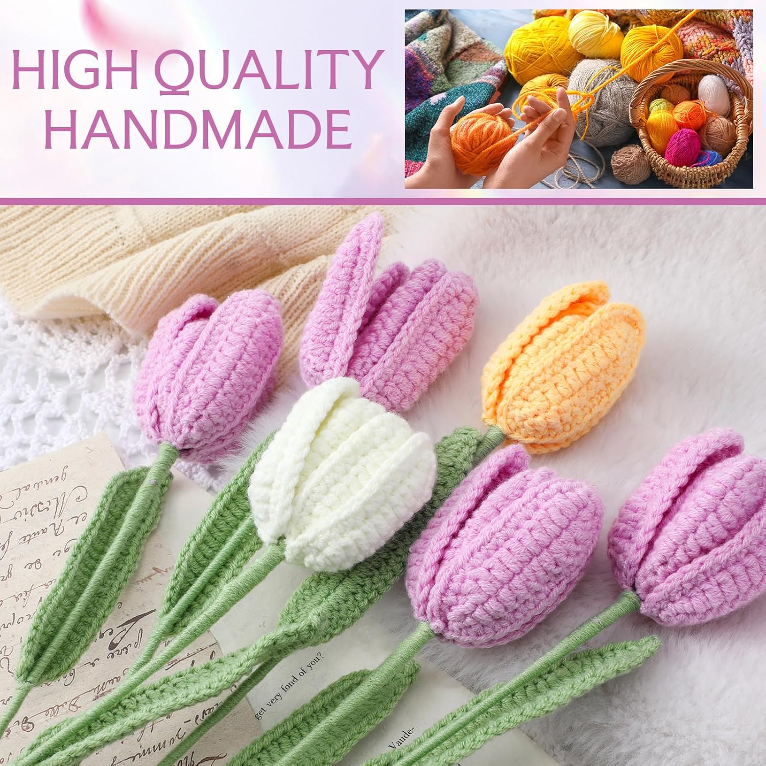 11 Pcs Crochet Flower Bouquet Handmade Knitted Tulip Bouquet Artificial Flowers Fake Tulips For Mothers Day Teacher Appreciation Nurse Gift (Purple)