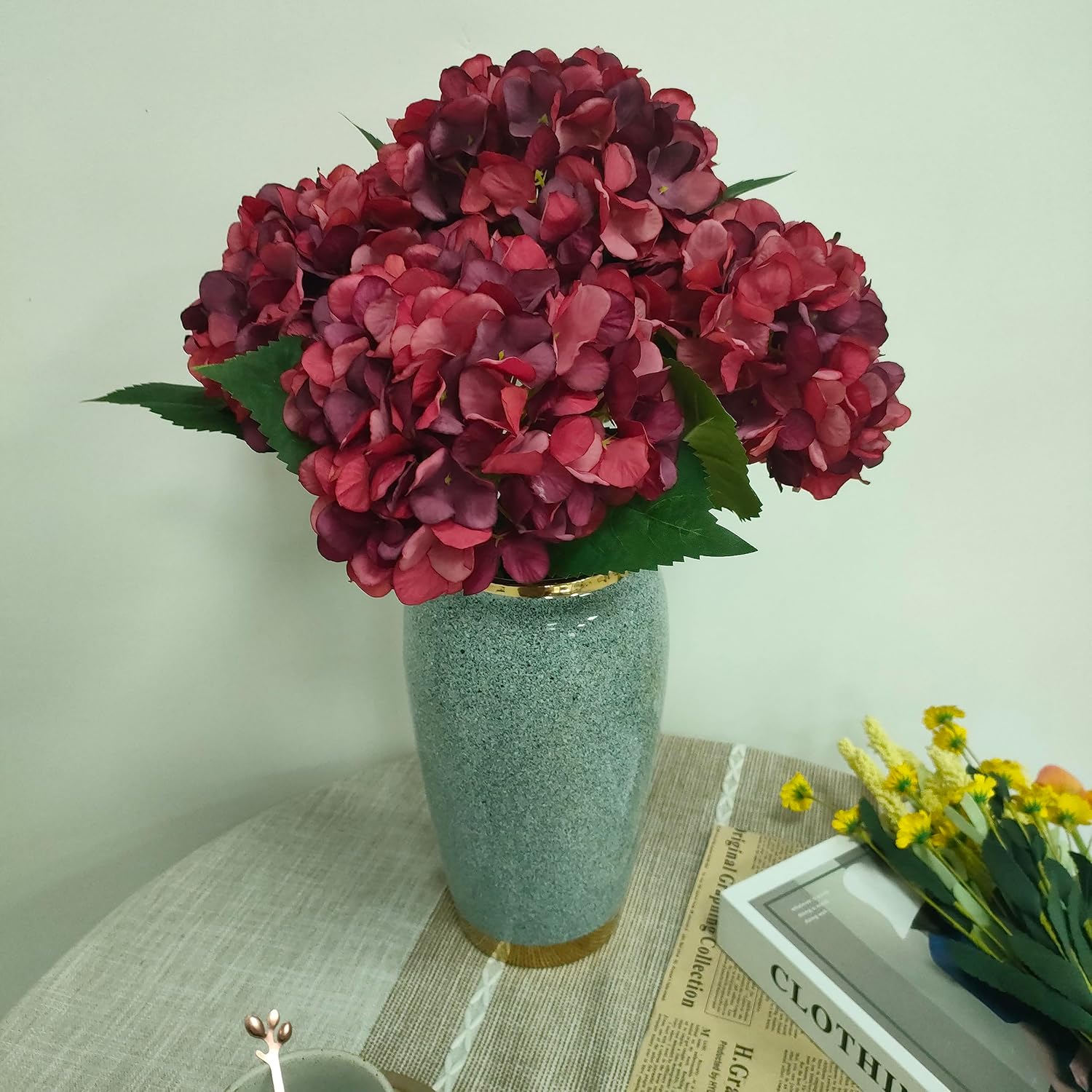 Red Hydrangea Artificial Flowers,6 Pcs Faux Hydrangea Flowers,Artificial Hydrangeas Flowers With Stems,Fake Hydrangeas,Red Silk Flowers With Stems For Home Decor (6, Dark Red)