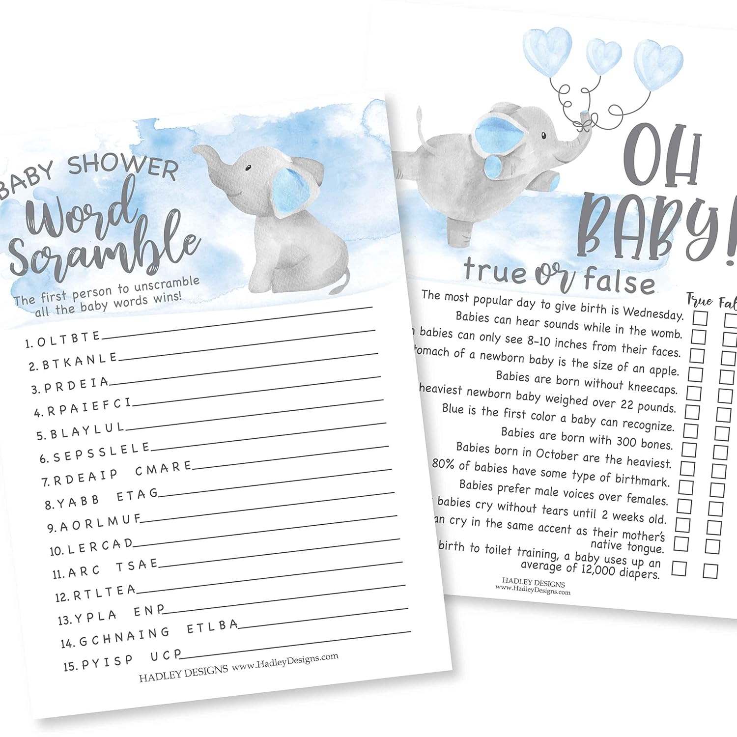 Baby Shower Games For 25 Guests - Blue Elephant Boy Baby Shower Games Word Scramble, True Or False Babyshower Game Boy, Gender Reveal Game, Made In Usa
