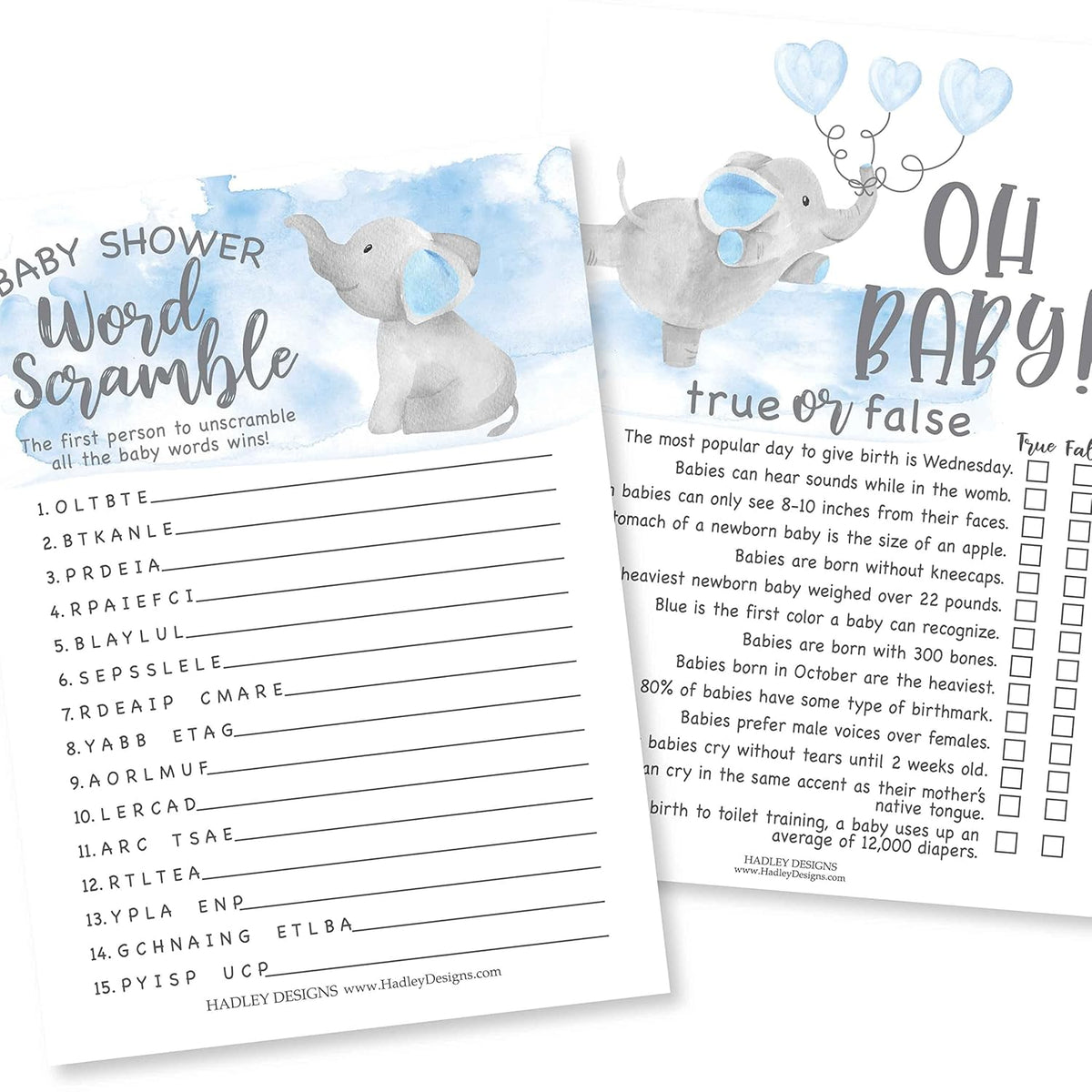 Baby Shower Games For 25 Guests - Blue Elephant Boy Baby Shower Games Word Scramble, True Or False Babyshower Game Boy, Gender Reveal Game, Made In Usa