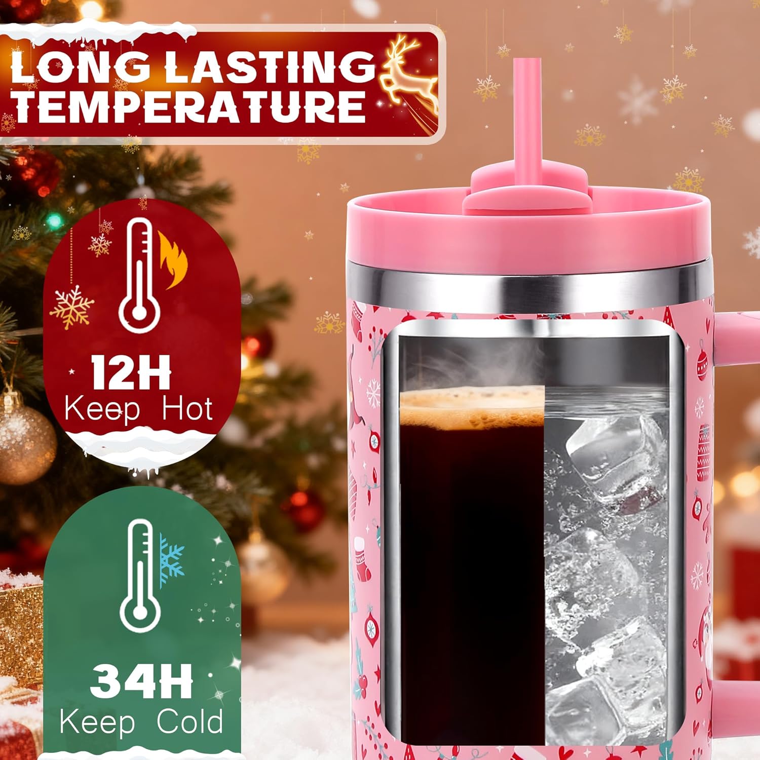 Christmas Tumblers Gifts For Women Girls, 40 Oz Christmas Tumbler With Handle And Straw Lid, Triple Walled Stainless Steel Insulated Travel Mug Cup, Keep Cold For 34 Hours (Red Funny Santa)