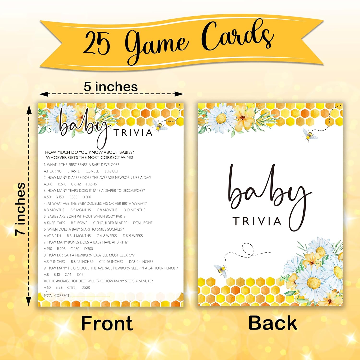 Bee Baby Shower Games, Summer Daisy Baby Trivia Game, Bumble Bee Gender Neutral Party Supplies & Favor, 5X7 In & Set Of 25-A04