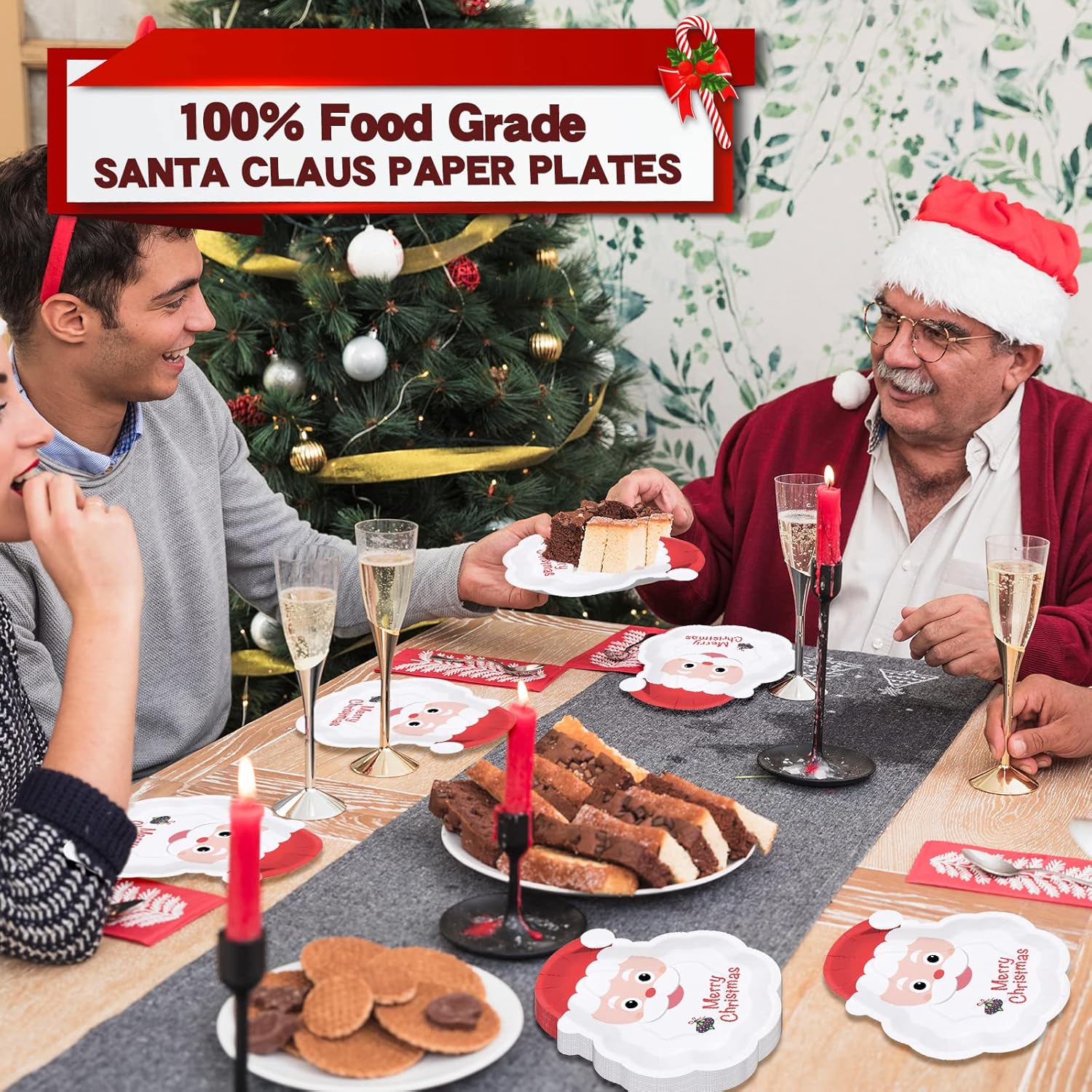 50 Count Christmas Paper Plates Disposable Party Santa Plates For Dessert Dinner Appetizer Salad Cake Cookies Merry Christmas Holiday Dinnerware Party Decoration Supplies
