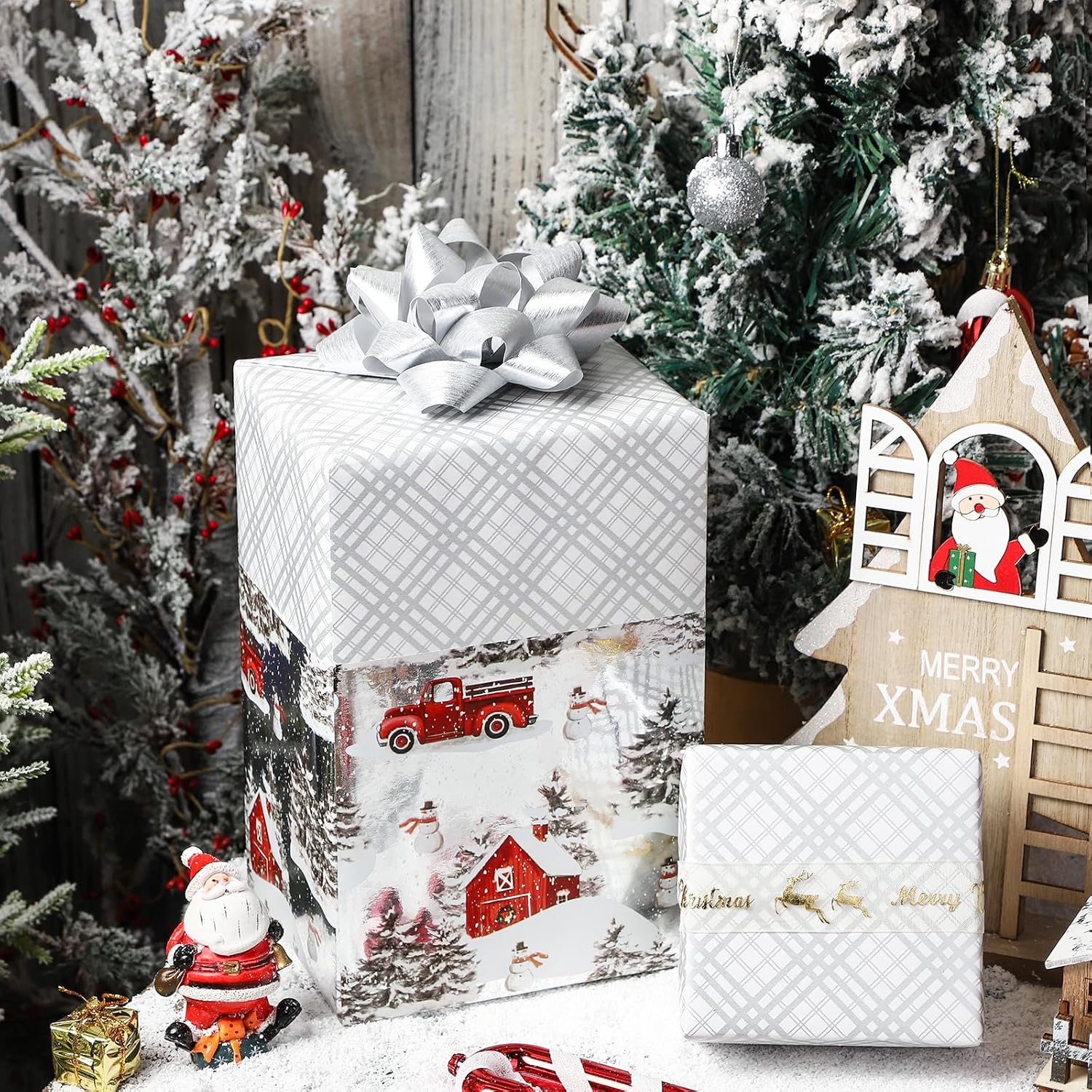 Christmas Silver Wrapping Paper Mini Roll For Boy Kid, Red Truck, Snowy Pine Forest & Grid Plaid, Silver Foil Reversible Design For Winter Holiday Family Gathering, 17 Inches X 32.8 Feet