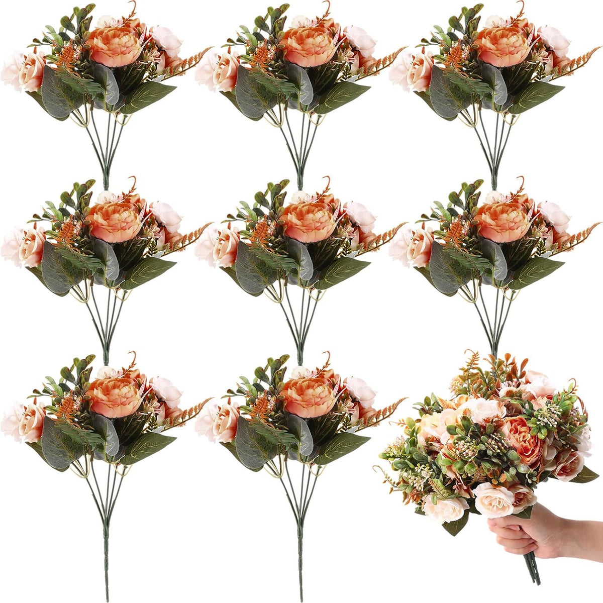 8 Pieces Peonies Artificial Flowers Bouquet Fake Hydrangea Flower Bulk Rose Flowers Centerpieces Arrangement Fall Flowers For Wedding Party Home Women Decoration Mother'S Gift (Orange)