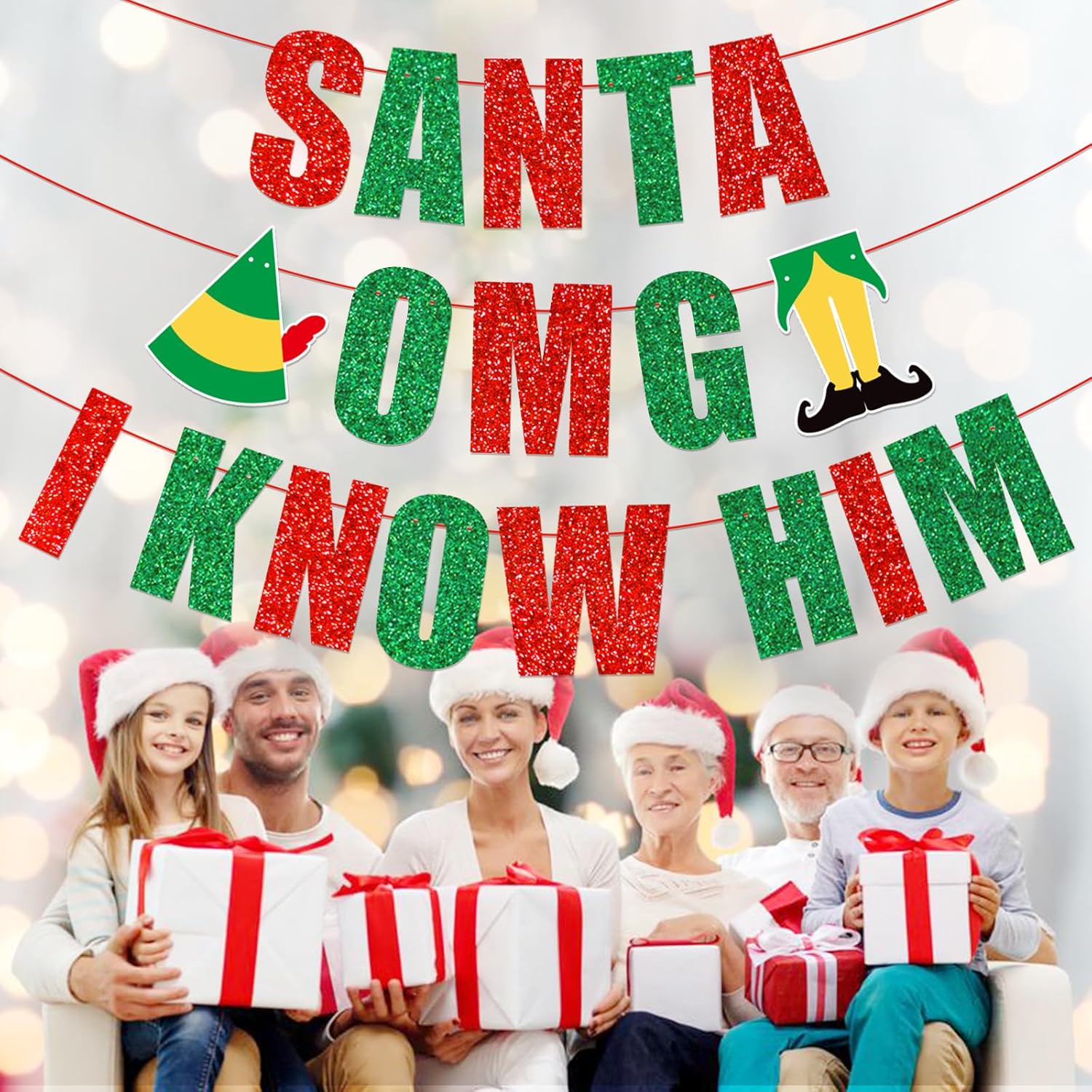 Santa Omg I Know Him Banner,Christmas Party Decorations,Christmas Mantle Home Decor,Buddy The Elf Party Supplies For Kids Boy And Girl