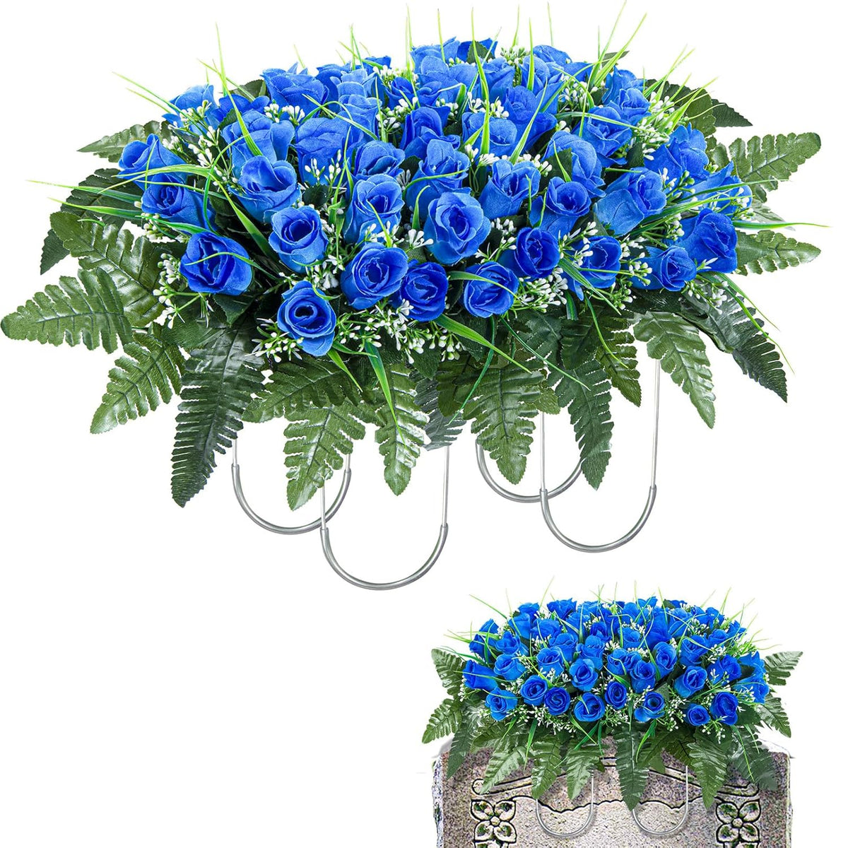 Artificial Cemetery Flowers, Memorial Rose Flowers Saddle, Outdoor Grave Saddle For Headstone Tombstone Decorations (Blue)