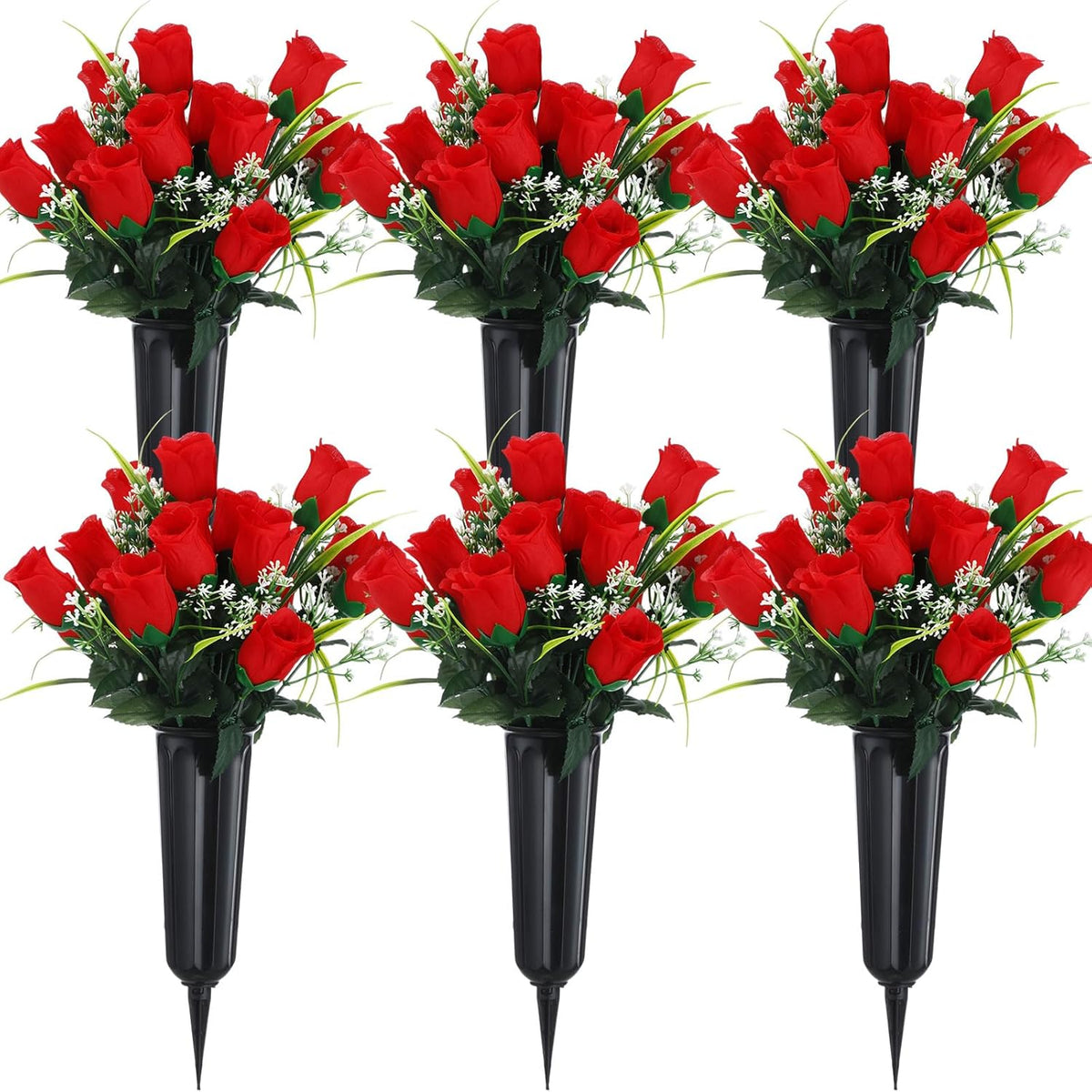 6 Sets Cemetery Flowers With Grave Vase 12 Bunches Memorial Day Artificial Rose Bouquet 84 Heads Fake Spring Silk Cemetery Flower For Graveside Decor(Red)