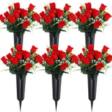 6 Sets Cemetery Flowers With Grave Vase 12 Bunches Memorial Day Artificial Rose Bouquet 84 Heads Fake Spring Silk Cemetery Flower For Graveside Decor(Red)
