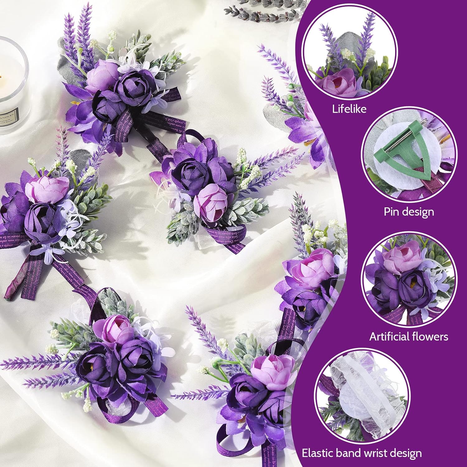 12 Pcs Purple Wrist Corsage And Boutonniere Set For Groom Groomsmen Bride Bridesmaids Wedding Party Prom Suit Artificial Peony Flowers Decor For Women Men Homecoming Ceremony Anniversary Formal Party