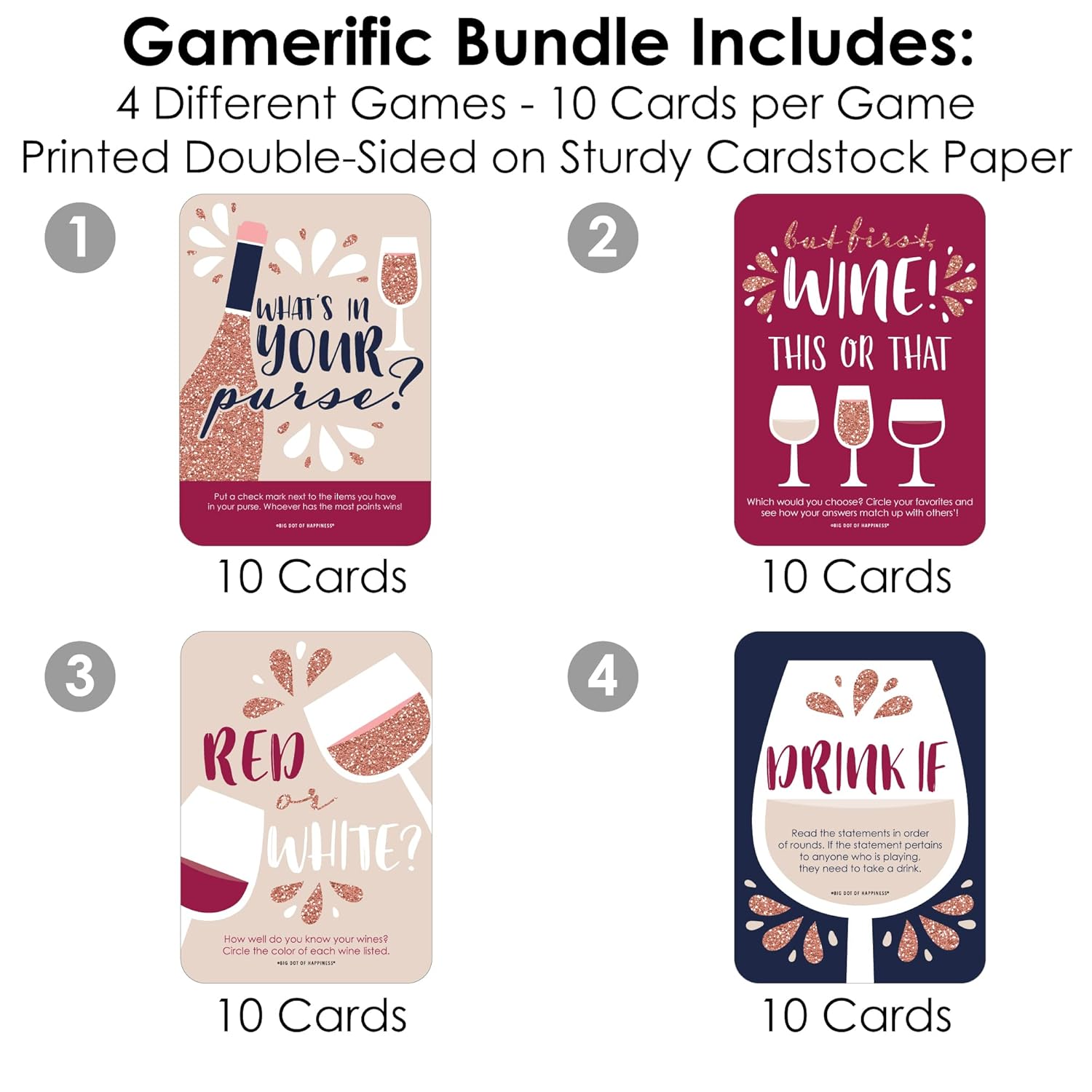 Big Dot of Happiness But First, Wine - 4 Wine Tasting Party Games - 10 Cards Each - Gamerific Bundle