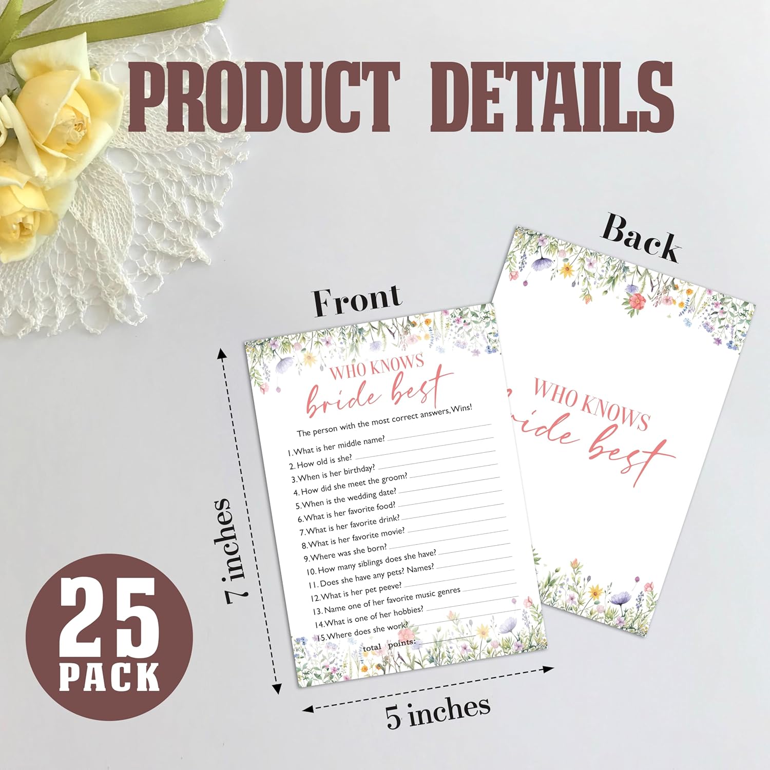 Bridal Shower Games, 25 Game Cards, Wildflowers Theme Games Card For Wedding, Bridal Shower, Engagement, Bachelorette Party, Wedding Party Game For Decorations Favors Supplies -A09