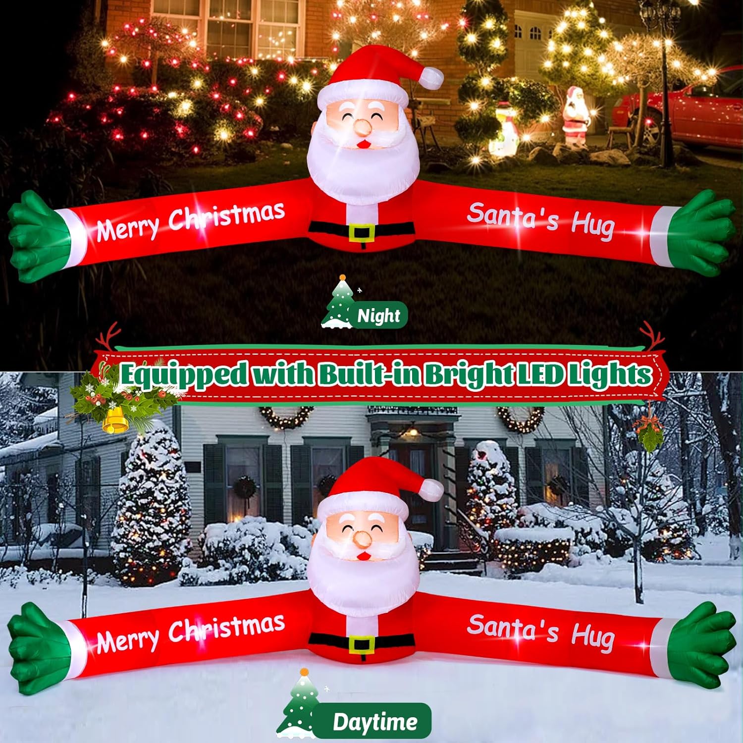 10Ft Christmas Santa Claus Long Arm Inflatables Outdoor Decorations, Christmas Blow Up Hug Santa Claus Decoration With 5