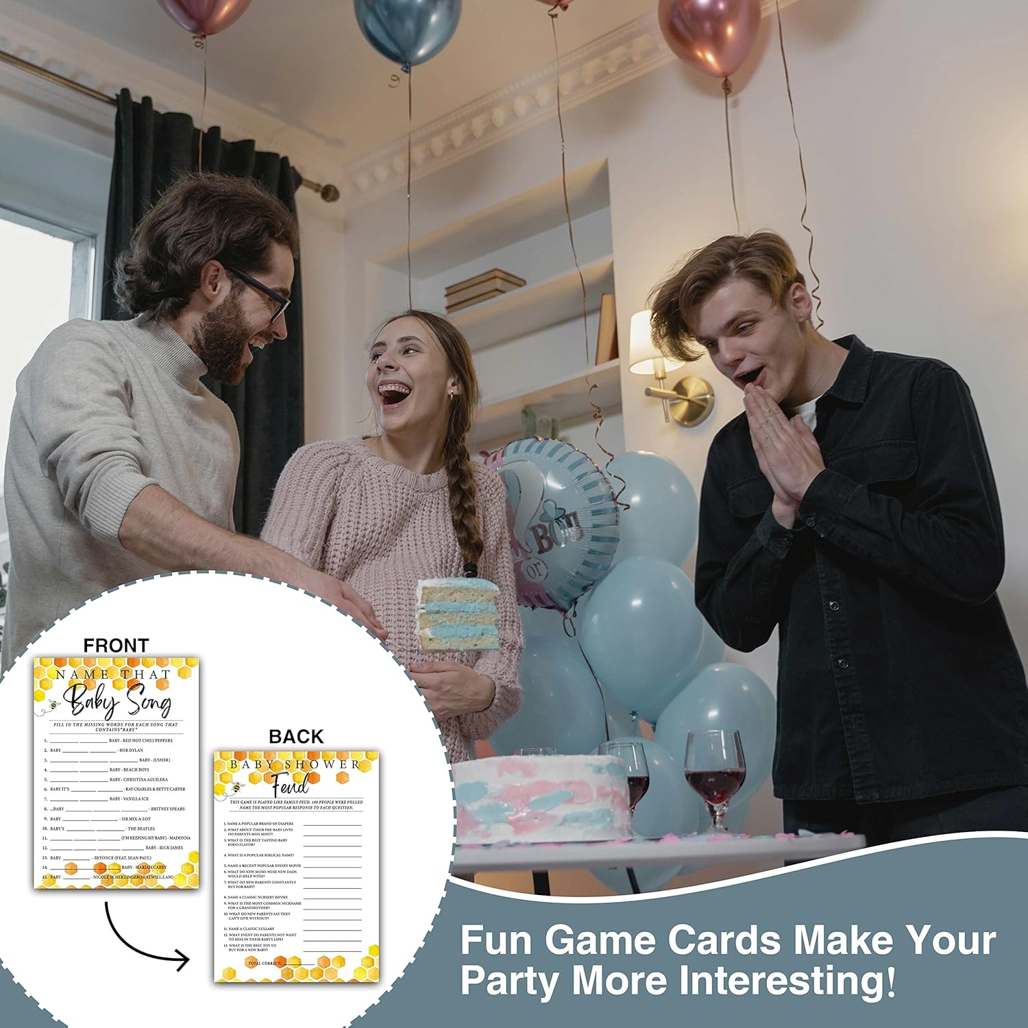 Honey Bee Baby Shower Games, Double-Sided Games Name That Baby Song & Baby Feud Game(30-Pack) With 1 Answer Card, Honeycomb Baby Gender Reveal Party Decoration Supplies(5"X7")-Game-I03