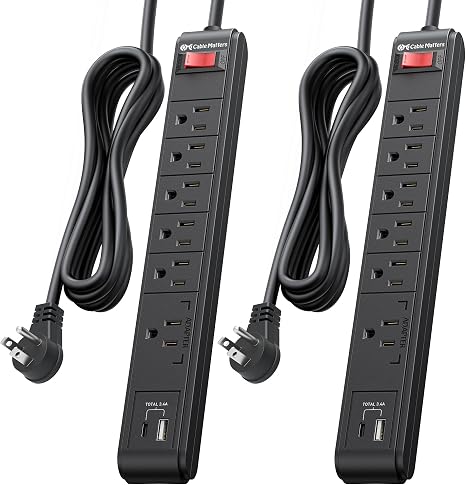2 Pack 6 Outlet Surge Protector Power Strip with USB C and USB Ports 8Ft Cord Black