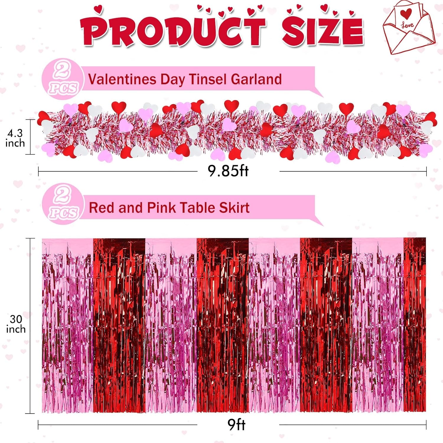 2-Pack Valentine’S Day Table Skirts, Red And Pink Metallic Fringe Party Table Decorations For Romantic Dinner, Anniversary, Or Galentine’S Party